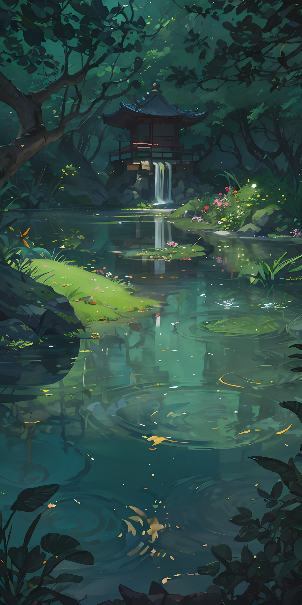 Chinese ancient times, spring, jungle, lake, cave, waterfall, tree, meadow, rock, deer, hot spring, water vapor, (illustration: 1.0), epic composition, realistic lighting, HD details, masterpiece, best quality, (very detailed CG unified 8k wallpaper)