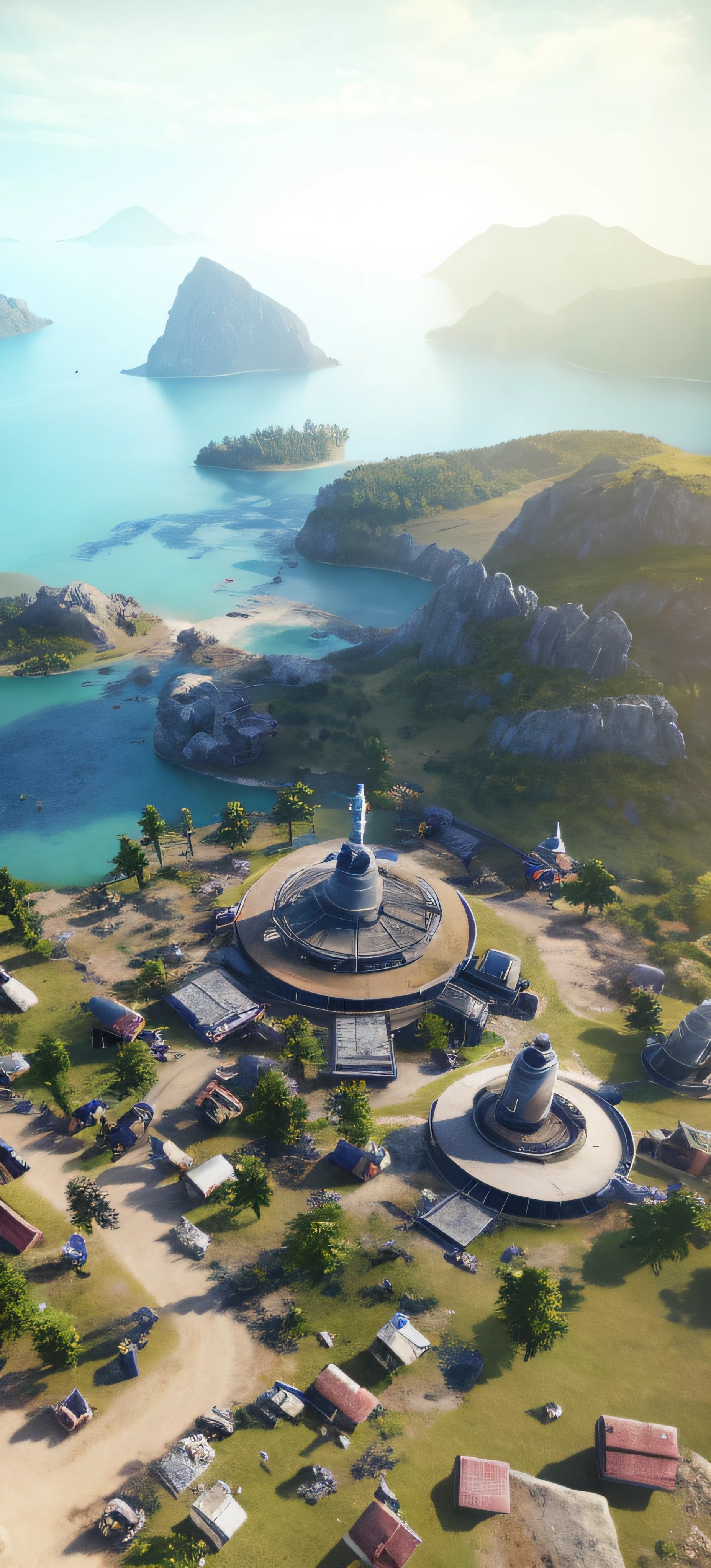 There is a radar station at the top of the hill with a close-up of a lot of dirt, gameplay footage, screenshot from game, Military outpost, gameplay still, warzone background,  gameplay, battlefield backround, farcry, gameplay video, in-game footage, in - game footage，The cliff overlooks a body of water, pc screenshot, loadscreen”, The ultra-Realistically, beautiful screenshot, screenshot from game, epic matte painting of an island, immensely detailed scene, high quality screenshot, gameplay still, screengrab, game map matte painting, video game screenshot>, screenshot from game, beautiful high resolution