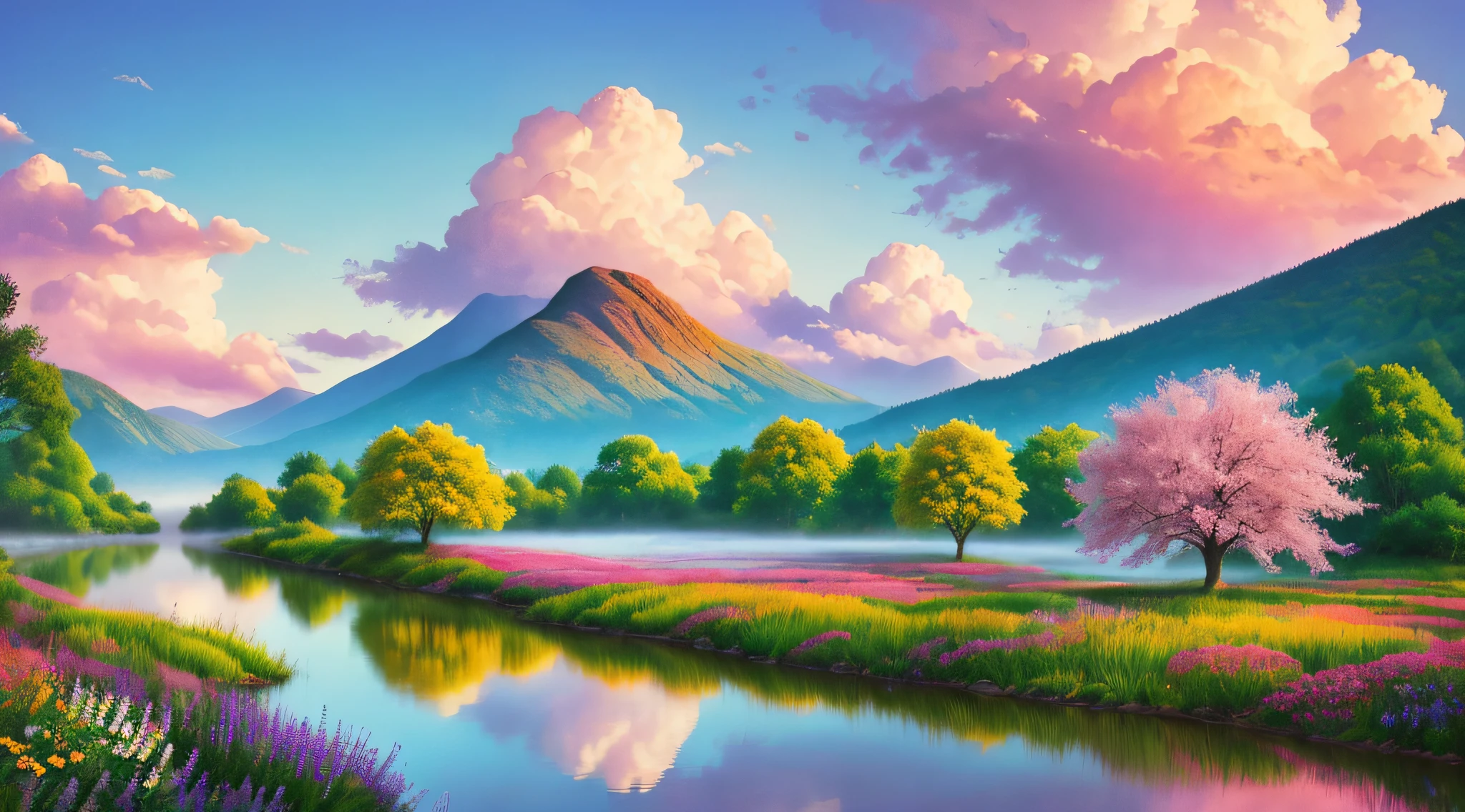 Gorgeous surrealistic landscape with a dreamy atmosphere, featuring a majestic tree in the center, surrounded by a beautiful river, misty mountains, and vibrant flowers. The scene is illuminated by a warm and soft light that wraps the trees and flowers in a delicate glow. Add in a rainbow-colored sky with fluffy clouds and a hint of fantasy elements.