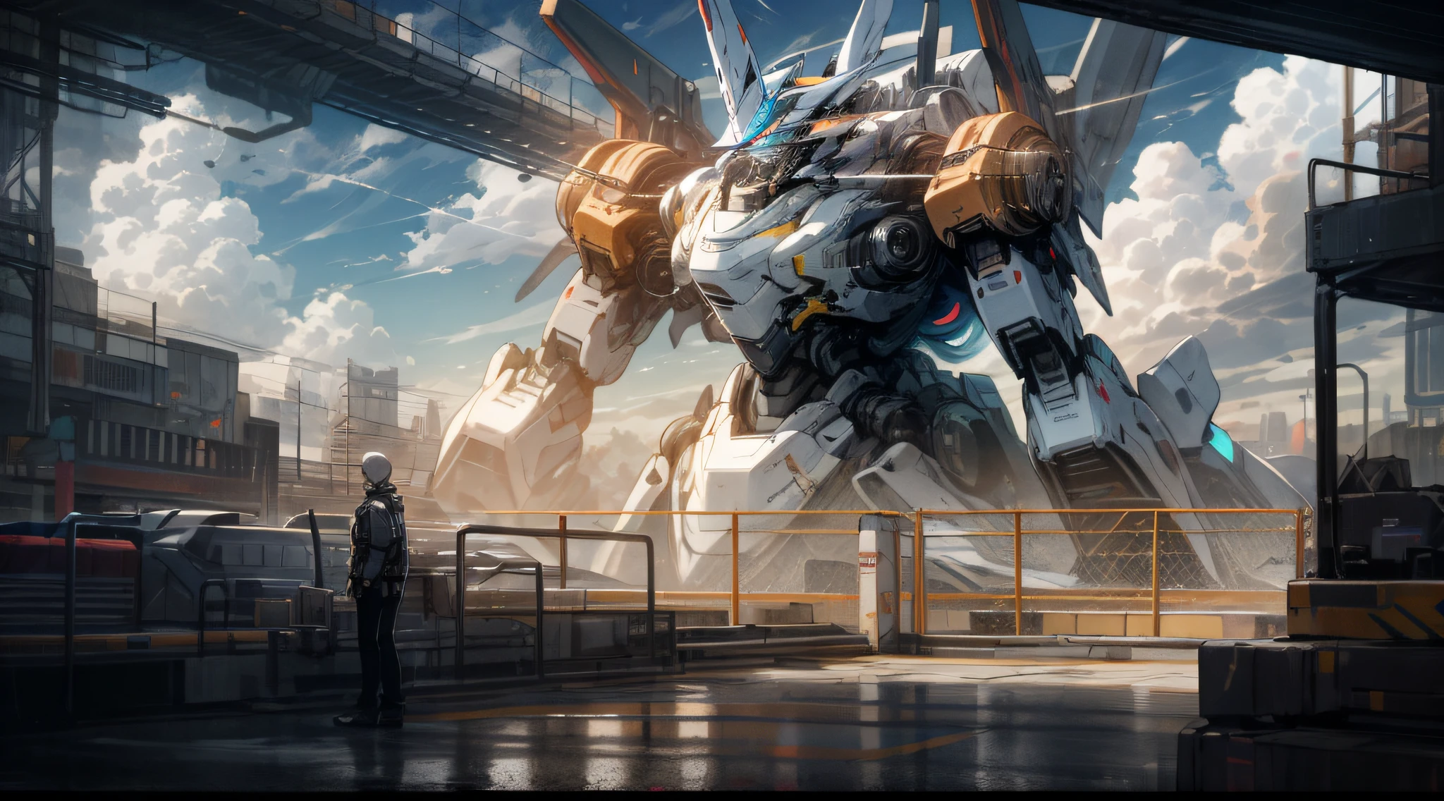 Sky, Clouds, holding_weapon, no_humans, Glow, Robots, Architecture, Science Fiction, Cities, Reality --v6