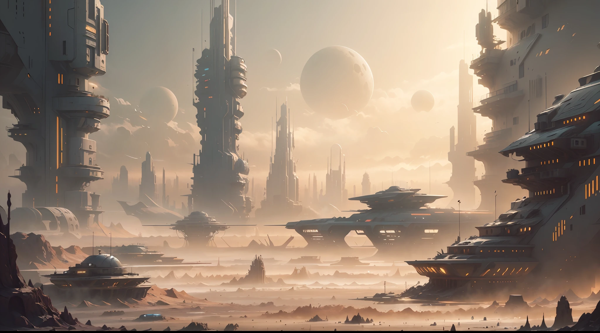 there is a digital painting of a city in the middle of a desert, a matte painting inspired by Marek Okon, cgsociety contest winner, futurism, bastien grivet, futuristic landscape, futuristic cityscape, smooth digital concept art, futuristic city scape, cyberpunk landscape, sci fi digital painting, futuristic digital painting, sci-fi digital painting, sci-fi landscape