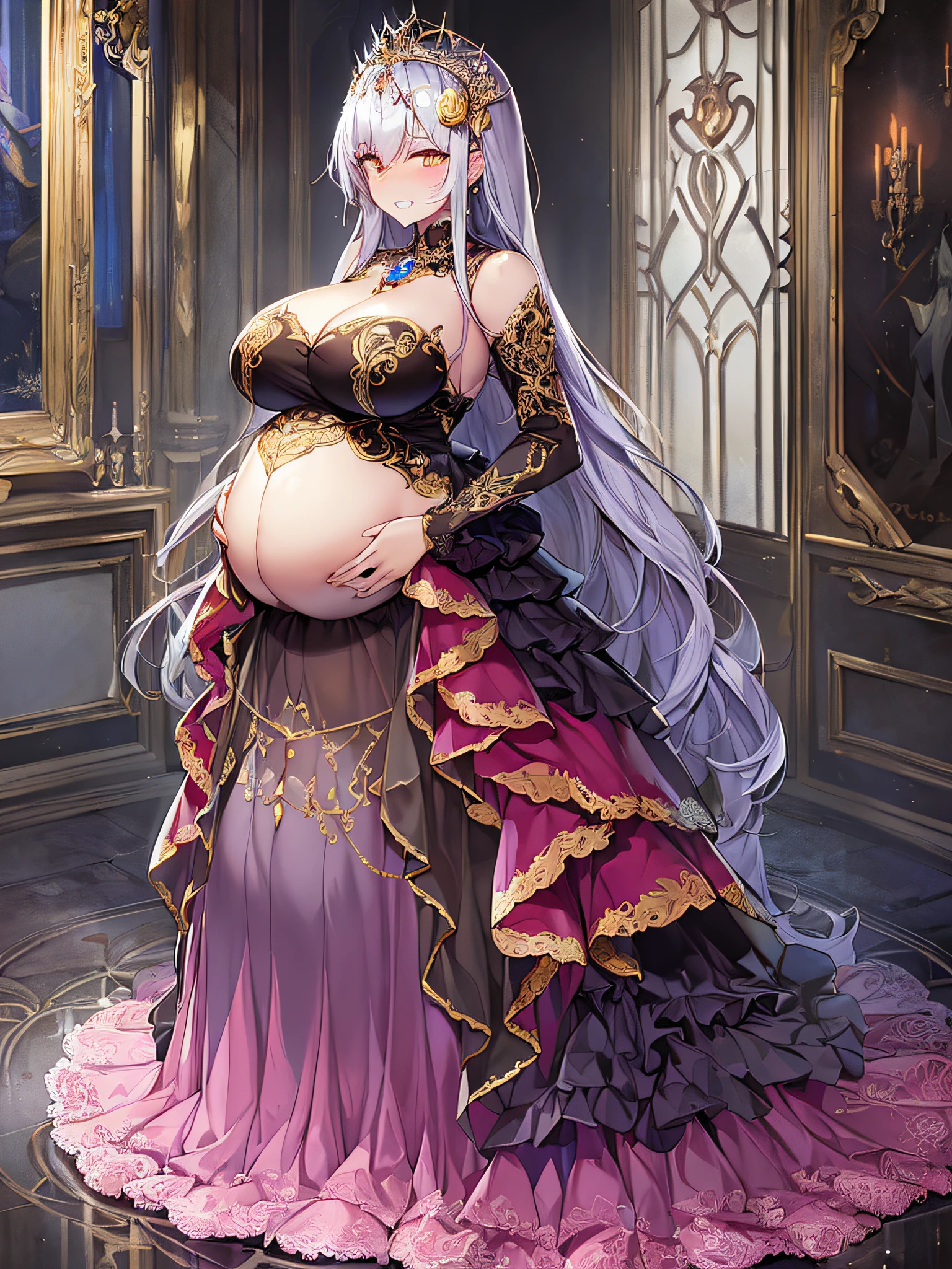 ((anime artstyle)),(Masterpiece),(Best Quality), (Super Detail),((Very Delicate and Beautiful)),Focus on character,Dynamic Angle,Looking at viewer,((Solo)),standing,(((full body))),((one Wicked pregnant empress in gorgeous ball gown with voluminous skirt)),detailed face and eyes,((heavily pregnant)),((clenched teeth)),embarrassed,jewel-like eyes,((Very Long voluminous Hair)),gorgeous embroidery and lace,See-through,ornate ruffles,Gorgeous jewelry ornaments,luxury hair ornament,luxury and evil tiara with jewels,(gigantic breasts,Long breasts),full body,((evil and dark atmosphere)),full body,heavily pregnant,(((gorgeous ball gown with voluminous skirt)))