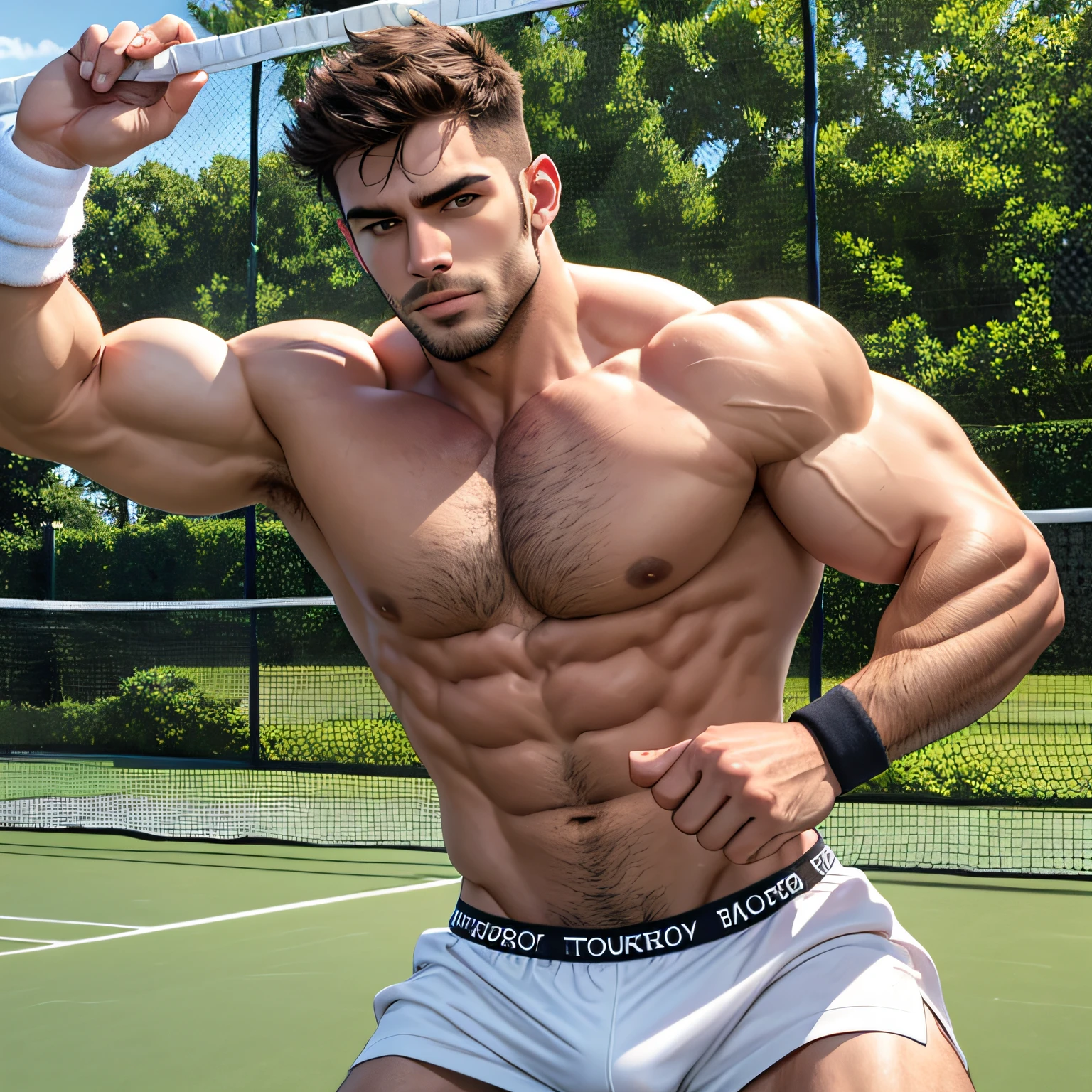 A handsome muscular dynamic man with a well-built physique, wearing a white jockstrap, in a tennis grass-court setting.
