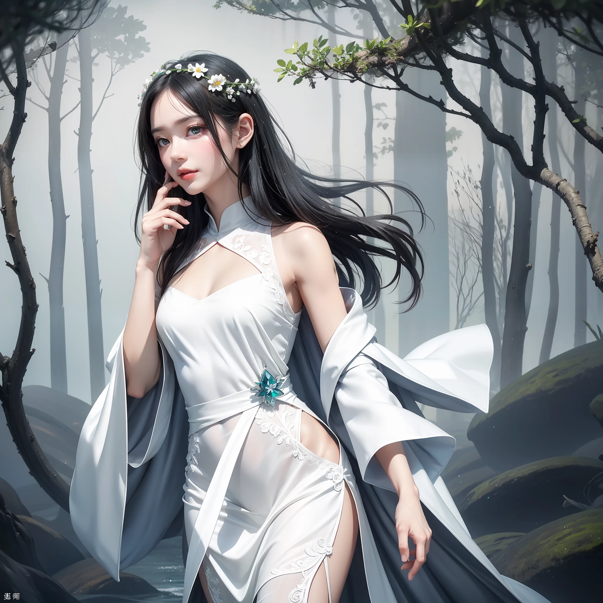 Sparkling lake,Trees overgrow,A hundred flowers argue。
Beautiful girl,Flowing hair and crystal clear lake water,untidy,Flowing,melt,Water mist effect,Elegant blue gradient,intricated,octane render aesethic,Depth。Graceful,Graceful,Small man's waist,Vest line,Long legs。
The woman's skin is as smooth as a ,Three thousand green silks fell freely on the shoulders,The facial features are exquisite and beautiful,Even if wearing a white robe,It can't hide her delicate figure。
Detailed eyes,Starry eyes,shiny glistening eyes,incredible detail,Extreme close-up,The ultra-Realistically,muted colors,Baohe style painting,Transparent fragments,air bubbles,Flowing beads,Everything melts and flows,Fractal,8K