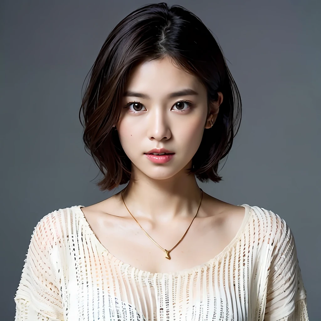(Best quality, 8k, 32k, Masterpiece, UHD:1.2),Photo of Pretty Japanese woman, large breasts, very short bob hair,upper body,face focus,oversized_sweater, necklace, simple background, from above, looking at viewer,