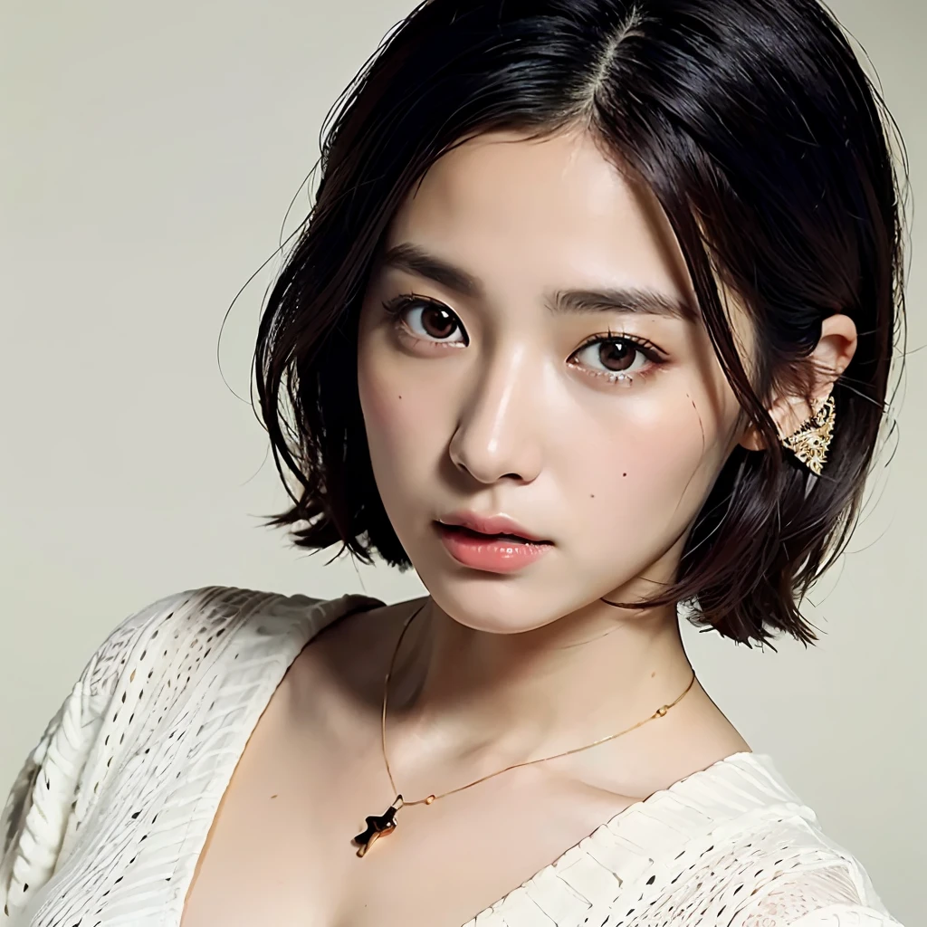 (Best quality, 8k, 32k, Masterpiece, UHD:1.2),Photo of Pretty Japanese woman, large breasts, very short bob hair,upper body,face focus,oversized_sweater, necklace, simple background, from above, looking at viewer,