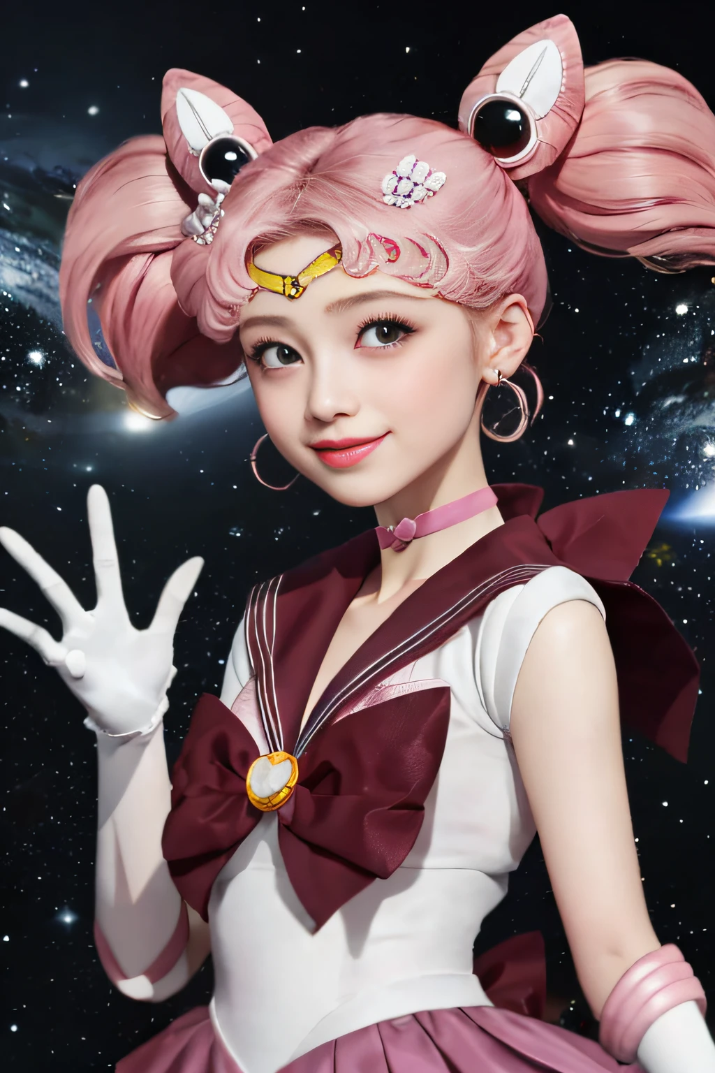 ((HD Real、Sama 1 Level)), Extreme Real, masterwork, maximum quality, Highresolution, SAMA1, space, stunning beauty, Upper body photo、1 Little Girl、s chest、gloves、s lips、独奏、Sailor Chibi Moon、Red eyes、SM Uniform、Mer1、tiara、Sailor Senshi Uniform、(RAW Photography、maximum quality)、masterwork、Floating pink twin tails、Pink sailor color、bow、choker、white gloves、Pink choker、Elbow Gloves、jewelries、ear ring、Pink skirt、sole、full - body、Pink hair、(perfect hand):3.8、Rendu octane、moon goddess、 (close up front:1.2)Beautiful eyes with fine details、close up front、Small eyes、lookind at viewer、to8contrast style、Octane line art、Space background、kk、Light Effects、Pink、Children's smile、Lowered hand