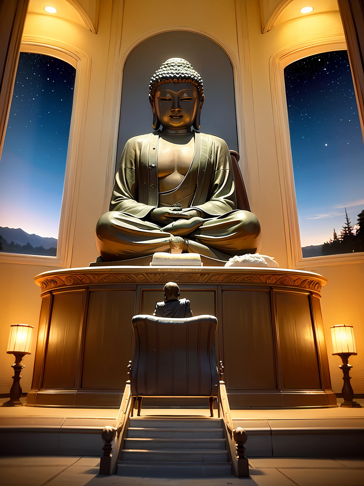 Maitreya, Maitreya Buddha, Maitreya, a large golden Buddha statue sitting in a room with a blue ceiling and a background of blue sky, clouds, above_clouds, airship, aurora, bridge, building, castle, chimney, city, city_lights, cityscape , clock, clock tower, clouds, cloudy sky, constellations, crescent, desert, earth_\(planet\), fireworks, floating islands, fountains, galaxies, glowing, houses, islands, lampposts, lanterns, light particles , galaxy, moon, mountain, night, night sky, no_humans, planet, landscape, meteor, sky, skyline, skyscraper, snow, snowing, space, star_\(sky\), star_\(symbol\), starry_sky, starry_sky_print, telescope, tower, town, twilight, ship