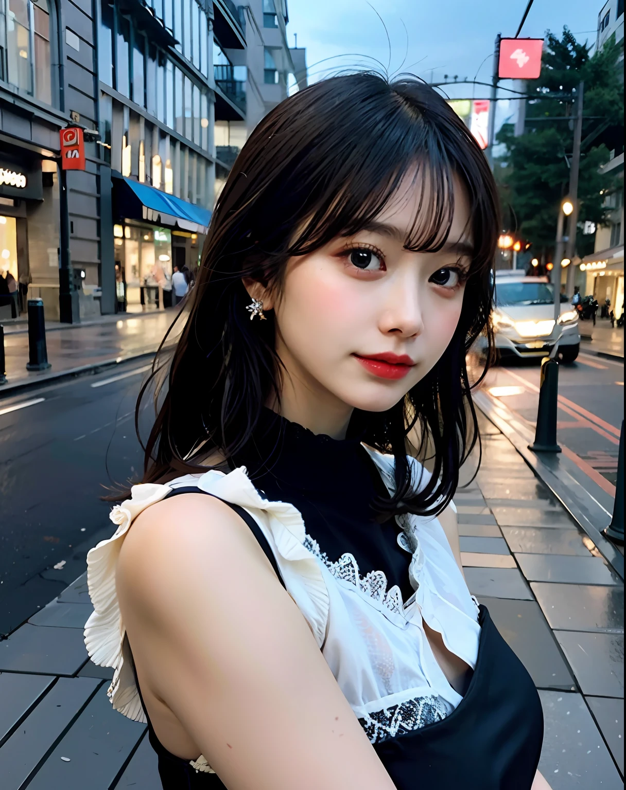 bestquality、Highres、8k、Girl 1 Mature Mature Mature Woman Person、(Huge breasted)、During the Day、Bright、out door、(Street:0.8)、(People々、crowds:1)、(Lace) -trimmed dress:1.5、Light Black Clothing:1.5、Black High Neck Dress:1.5、sleeveless dress、Black Dress:1.5)、Luxury、(medium Hair)、beautiful detailed sky、beautiful earrings、(Dynamic Pose:0.8)、 ( fulllllbody:1.2)、Illuminated by soft、Wind、Lustrous skin、line of sight、