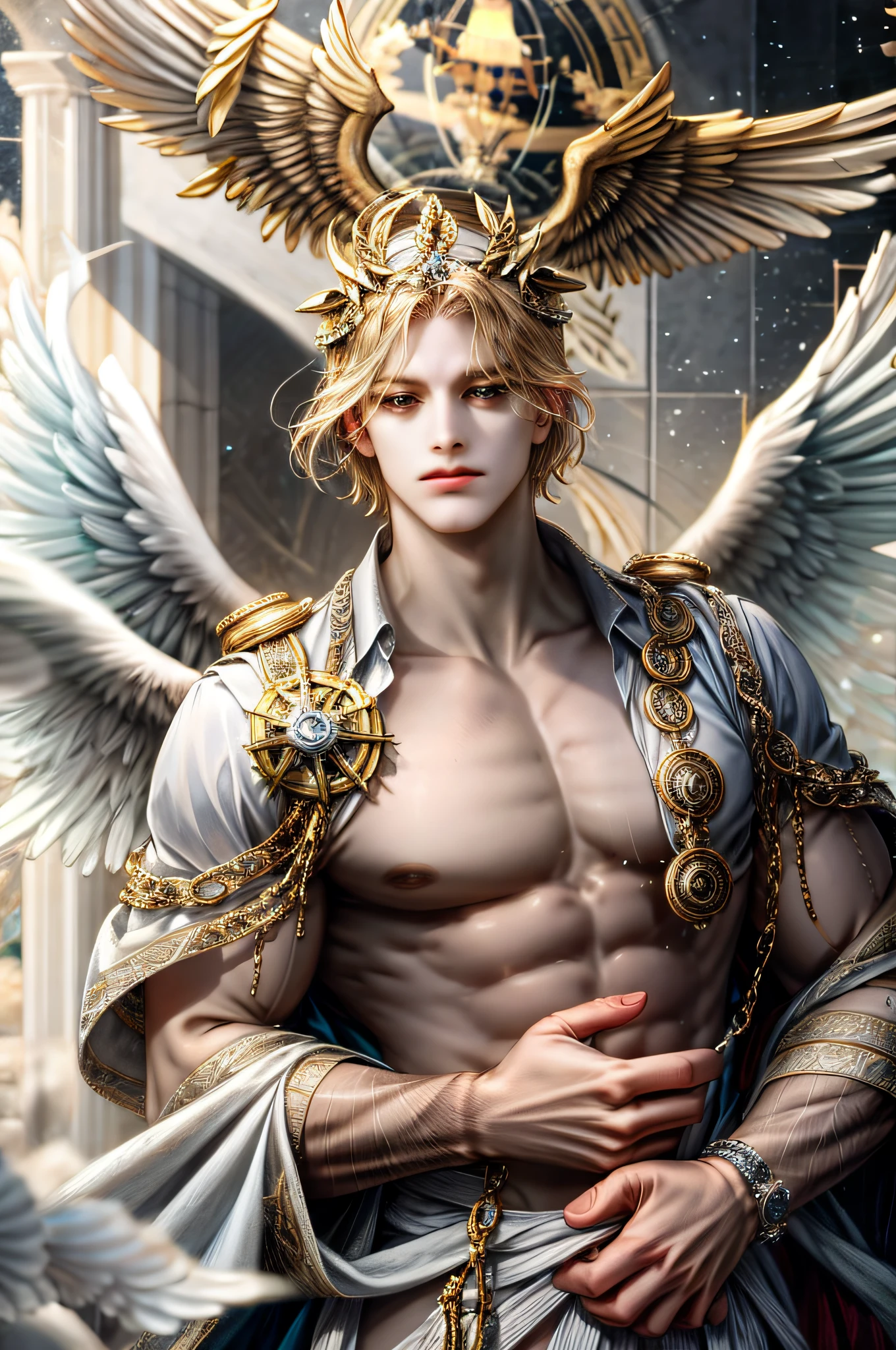 Celestial god Zeus，Flying，There are white wings on the back，The light behind is shining，Open hands，The facial features are detailed and correct，close-up of the private parts，Clear highlights