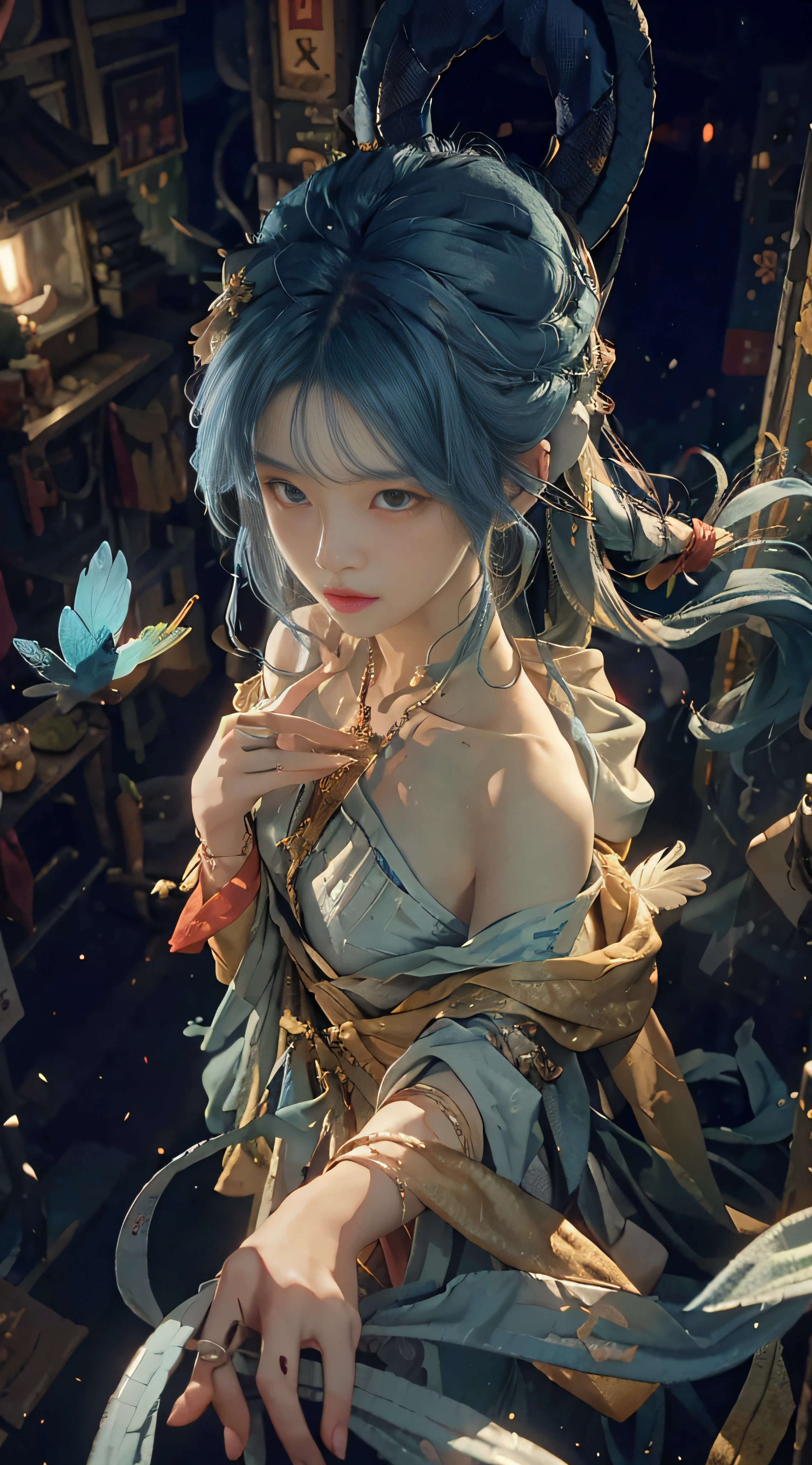 (from above) tea picker, big clouds, blue sky, rice fields, hoodies, blue hair, extra-long hair, off-the-shoulders, feather hair ornaments, headphones around the neck, city, night, outdoors, HD detail, hyperdetail, cinematic, surrealism, soft light, deep field focus bokeh, ray tracing and surrealism