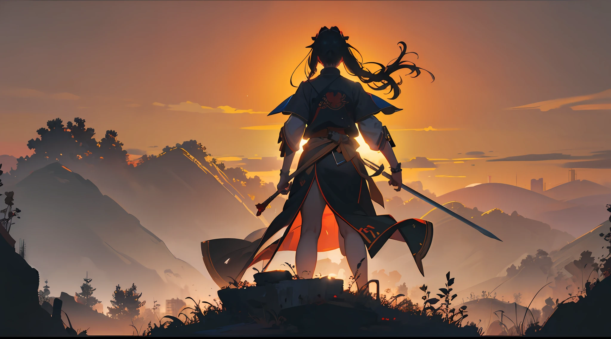 (Best Quality), (Masterpiece), (High Resolution), (Away from Camera), (Background Bokeh), (Backlight), Silhouette Lighting, Chinese Style, (Warrior), Sword in Hand, (Hairpin), Outdoor, (Standing on a Cliff), Hills, Bamboo Forest, ((Sunset Light))