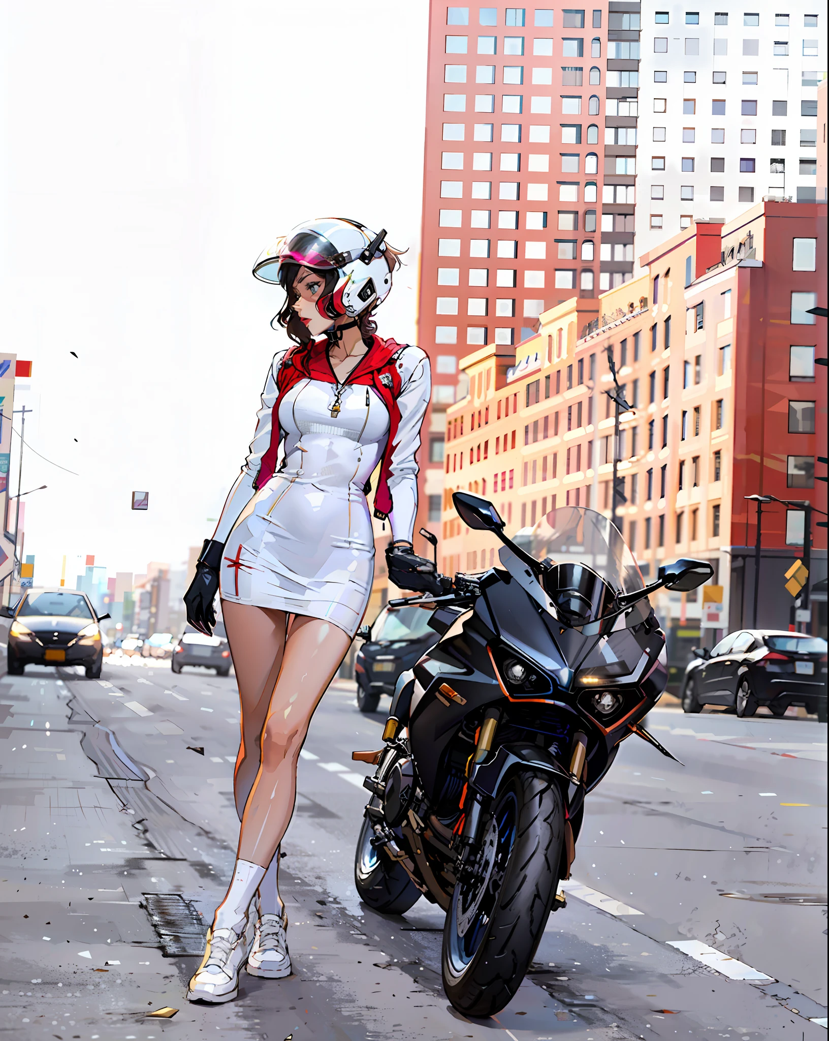 Mujer araffe con vestido brillante y mojado blanco y casco posando junto a una motocicleta, Ropa futurista muy ajustada y casco, Estilo de Julia Razumova, Foto de una motera, motociclista, Dasha Taran, motocicleta, sentado en una moto cyberpunk, Conducir una motocicleta futurista, 2 techwear mujer, Victoria Siemer, Anna Nikolanova aka Newmilky