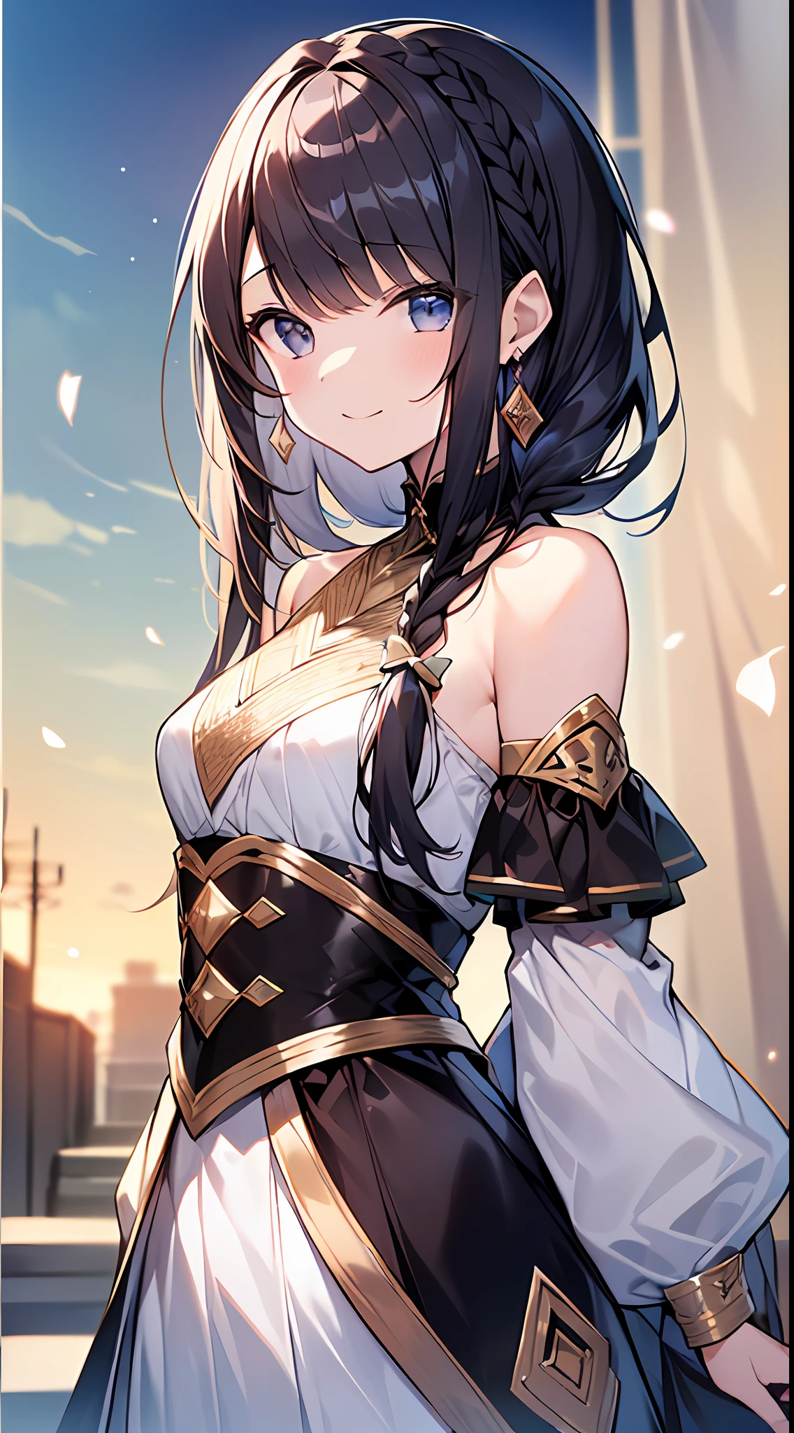 (incredibly absurdres absolutely resolution:1.5)、best qualiy、Master peace、extra high resolution、8k、(Gorgeous dresses with luxurious, colorful decorations) BREAK Shoujo Manga Style、(Lori)、Soft line art、Digital Enhancement、A touch of shoujo manga、environment change scene、Shoujo Mangacore、(((Hair length to the shoulders)))、(((short braiding)))、Teasing smile、Ancient capital of the West、Angle from which you can see the whole body、entangle、beautiful and aesthetic:1.5、High quality:1.3