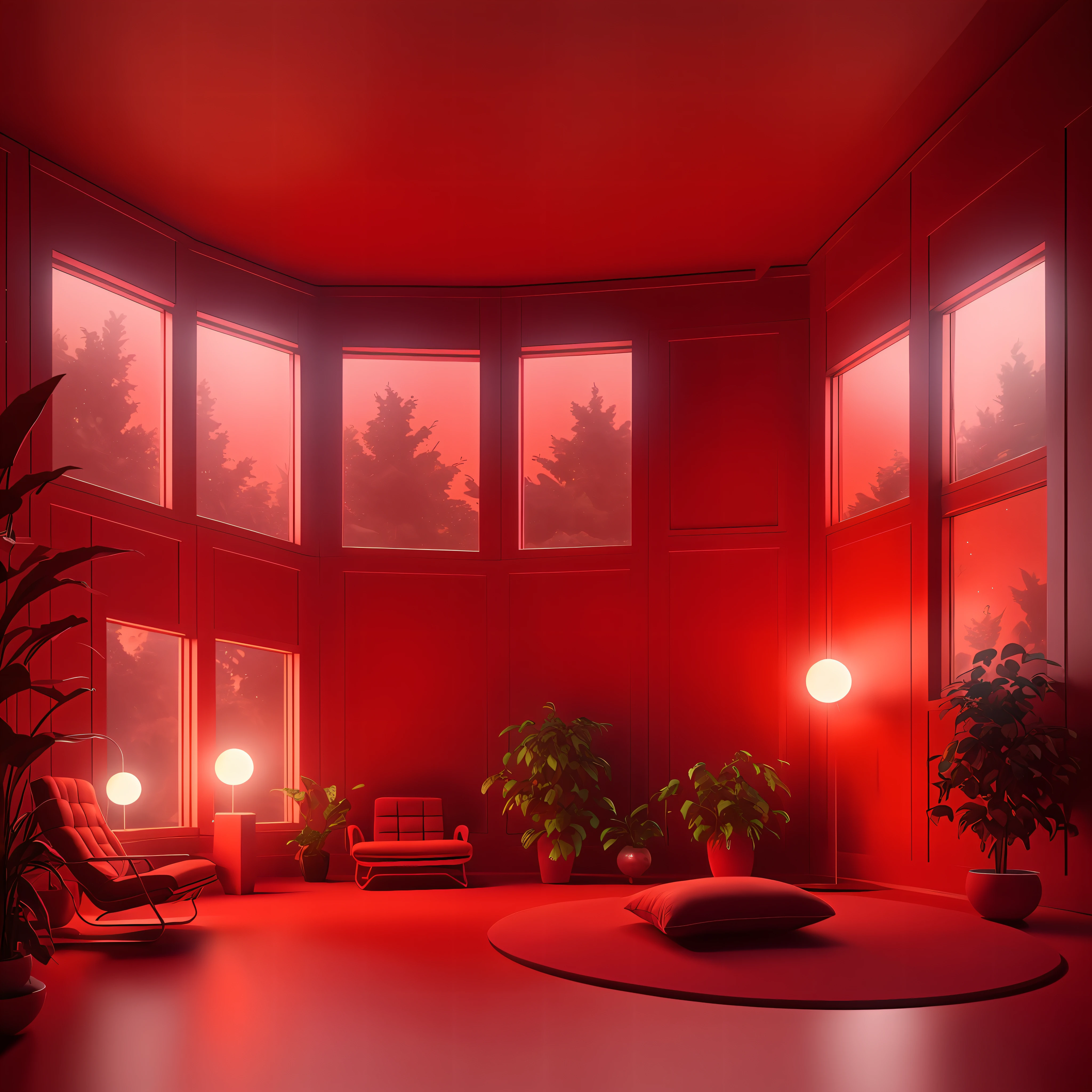 retrofuturism interior design, moody crimson color scheme,Meditation room - A peaceful and serene designed for quiet reflection and meditation, features soft lighting, a comfortable cushion, and a calming color scheme, space is free from distractions, allowing for deep relaxation and focus.