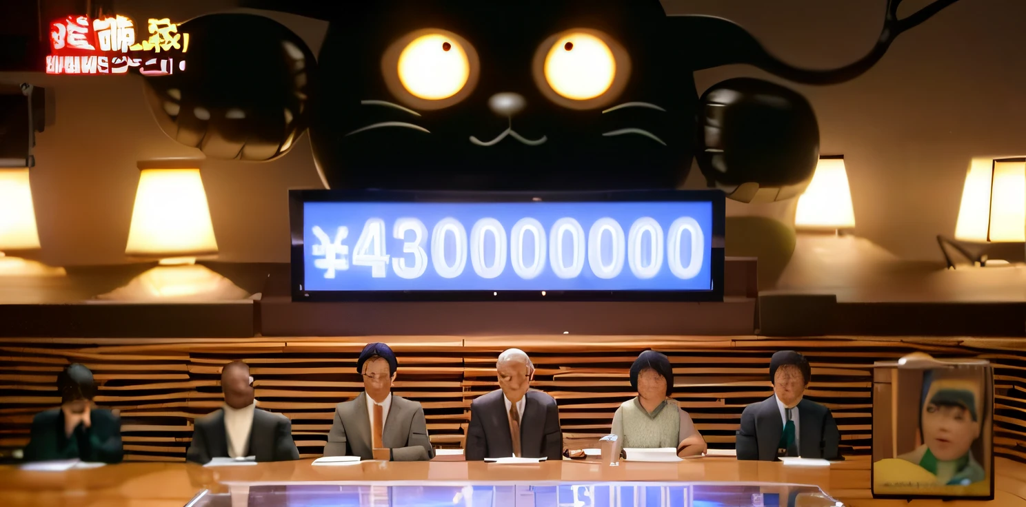 best qualiy、Top image quality、brightly lit、luci、Realistic TV images、arafed image of a cat statue with a sign that says $ 1, 0000, 0000, 0000, 0000, 0000, japanese tv show, $100000000, けもの, 1 9 7 0 s japanese tv show, A huge