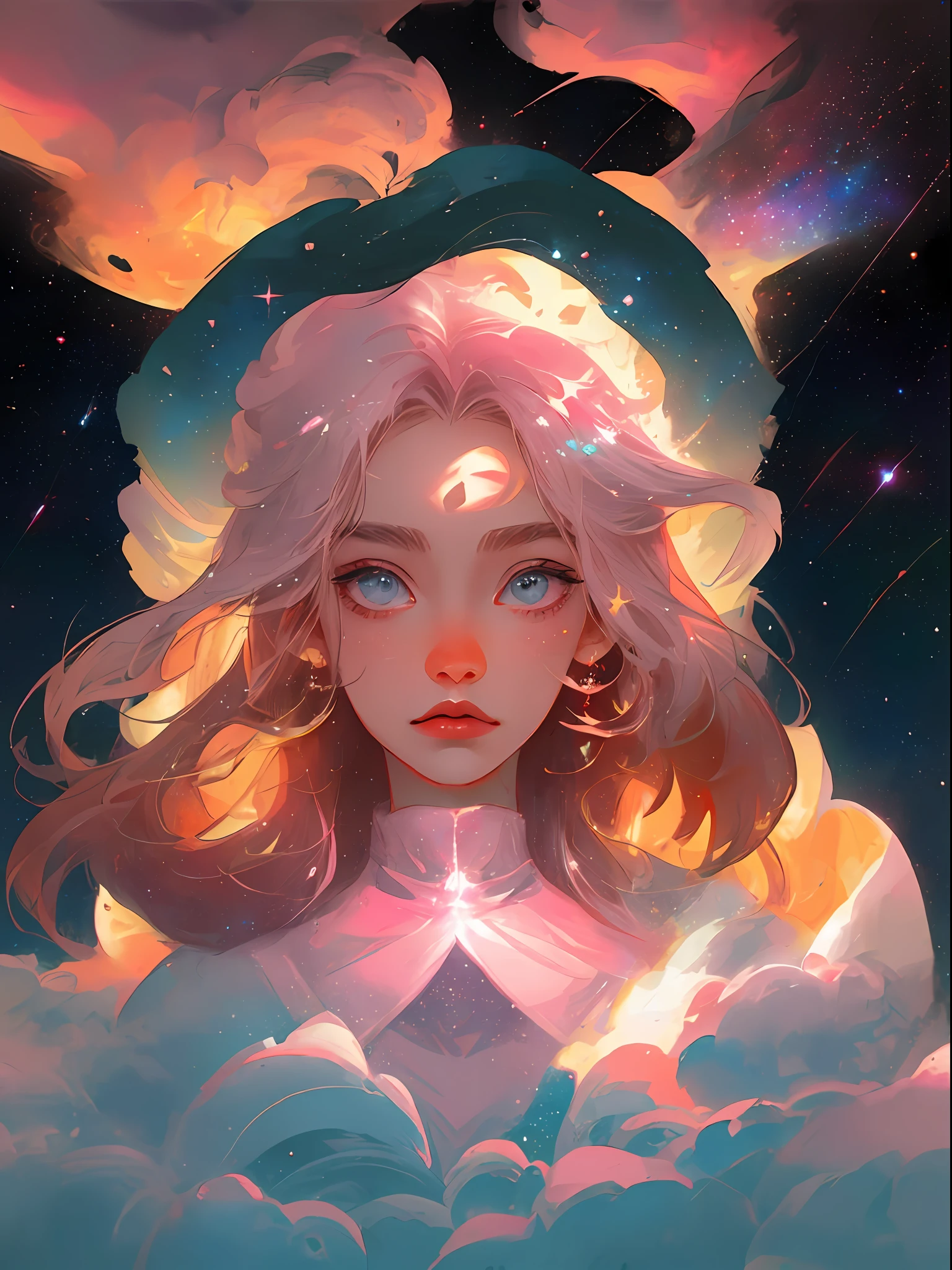 celestial goddess, afloat, Pink-white clouds, galaxias, nebulas,Integrate with the cloud,Warm white,Portrait photo