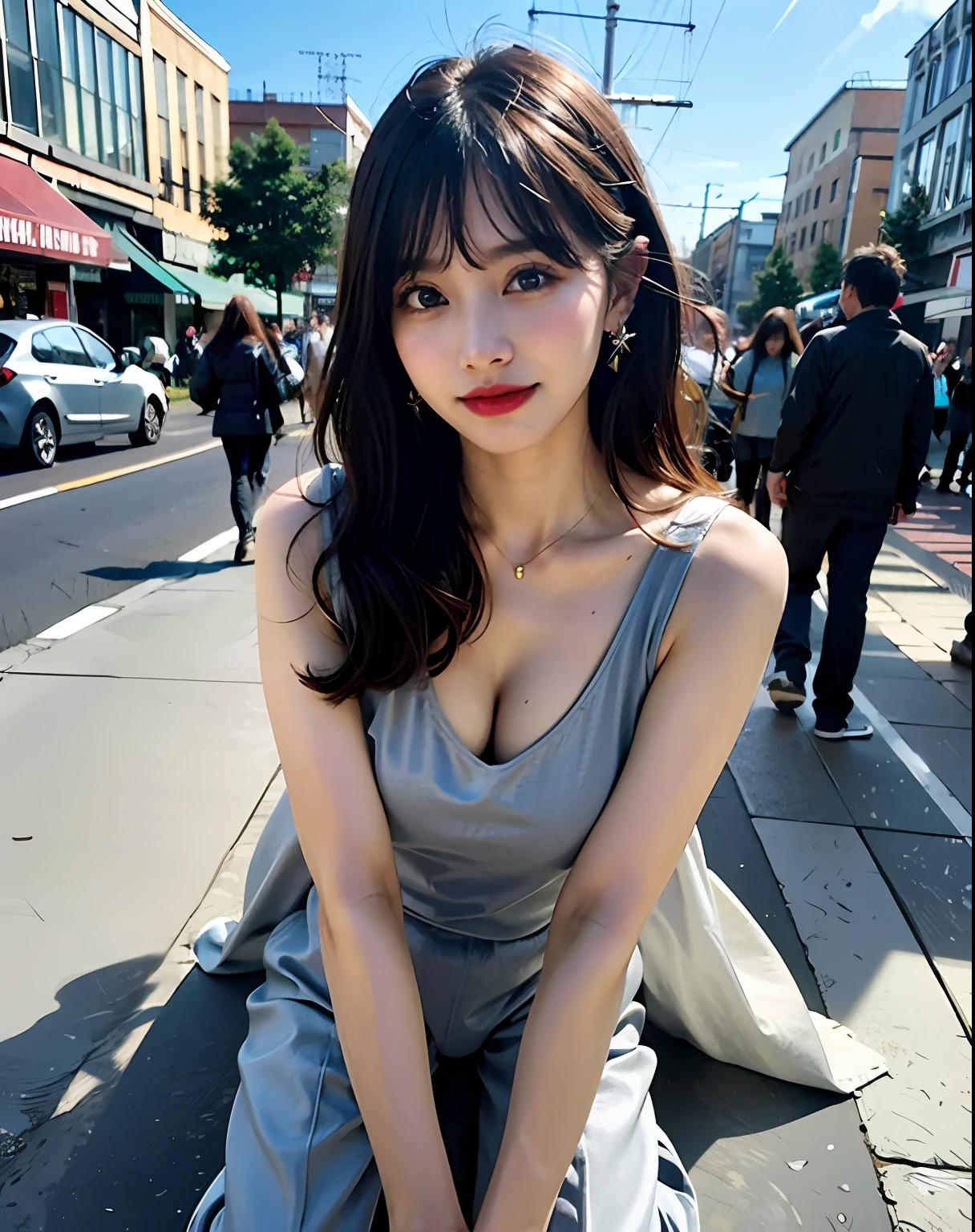 maximum quality、Hi-Res、8k、Girl 1 Mature Mature Mature Woman Person、(Big big tits)、during the day、brightly lit、out door、(street:0.8)、(people々、crowd:1)、Beautiful Detail Sky、Beautiful earrings、(dinamic pose:0.8)、(fullbody:1.2)、Soft breeze、shinny skin、line of sight、underwear、All fours