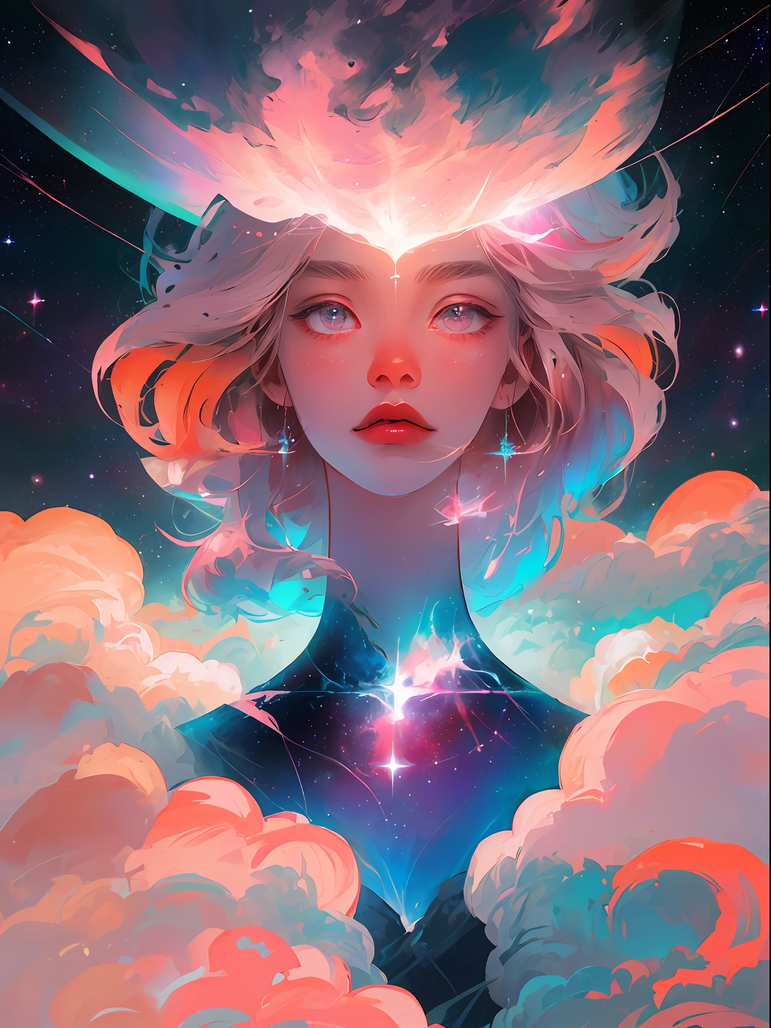 celestial goddess， afloat， Pink-white clouds， galaxias， nebulas，Integrate with the cloud，Warm white，Portrait photo