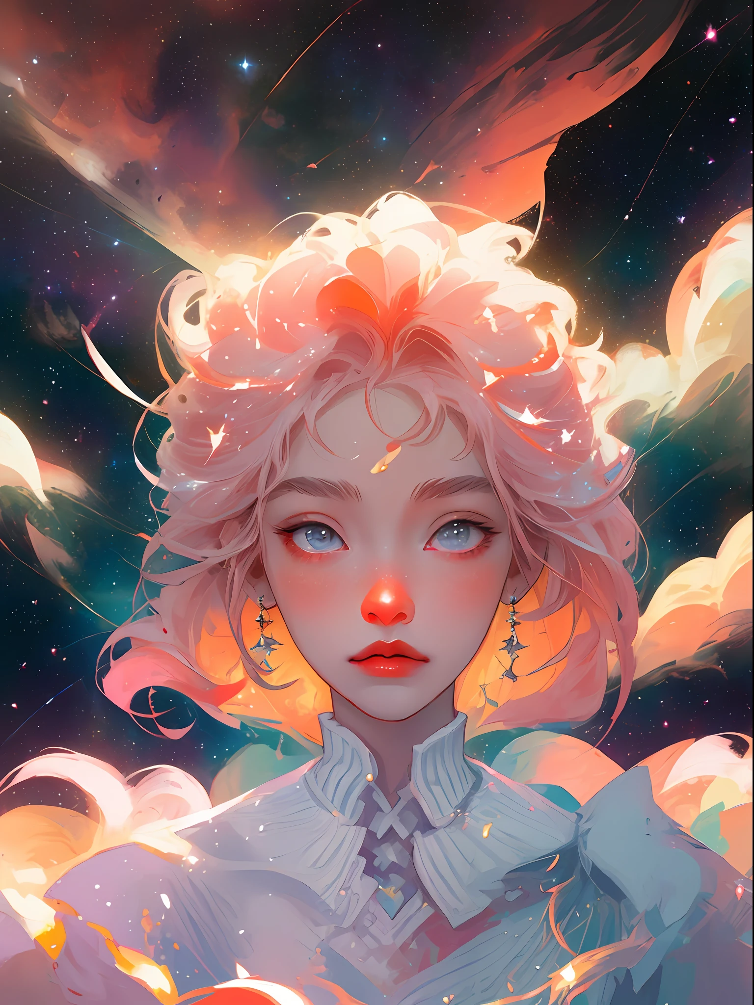 celestial goddess， afloat， Pink-white clouds， galaxias， nebulas，Integrate with the cloud，Warm white，Portrait photo