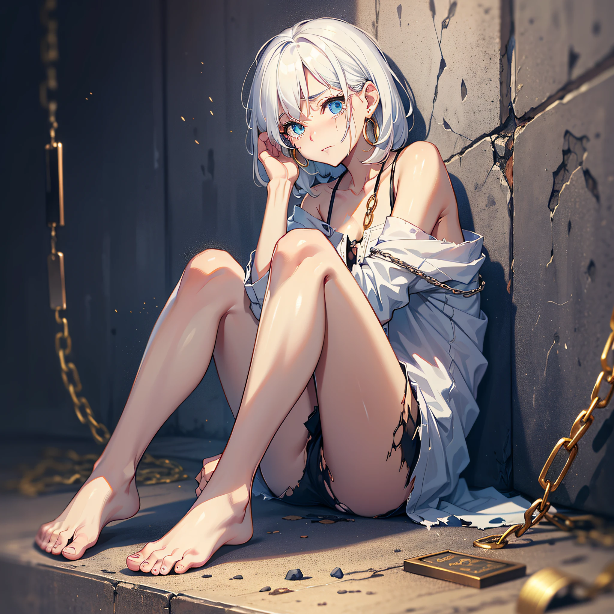 prison、Torn clothes、One woman、Messy hair、whiteshirt、miniskirts、Chains on both hands and feet、White hair、Golden earrings、bare shoulder、small head、big eye、Desperate look、Tears、barefeet、showing full body