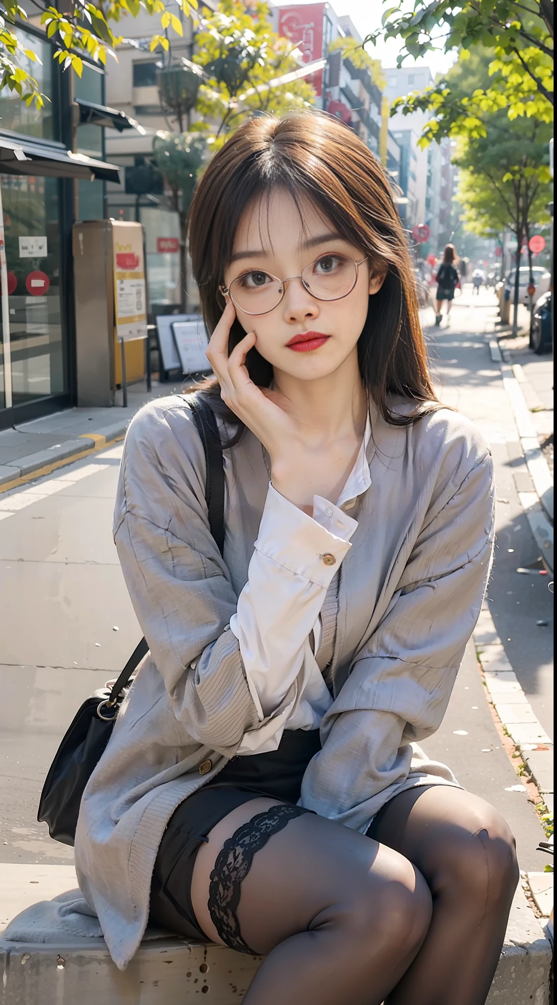 Best quality, full body portrait, delicate face, pretty face, 25 year old woman, slim figure, small bust, OL uniform, office clothes, black stockings, outdoor scene, sitting position, wearing glasses