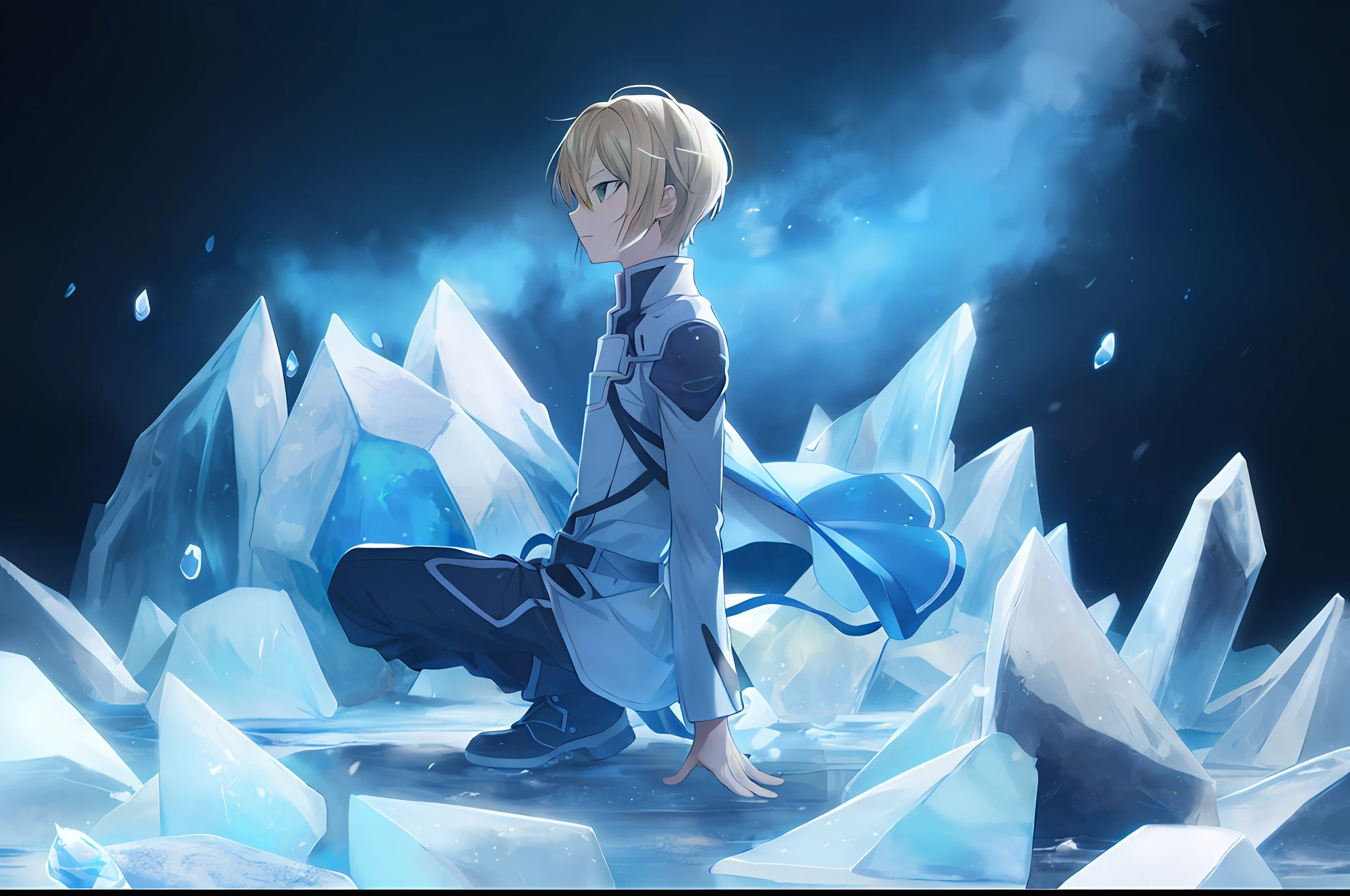 male ,(((Eugeo))),Sword Art Online,(((Very short hair))),short sidetails,flaxen hair,((looking to side)),iced,独奏,Green eyes,Full Body,out door,