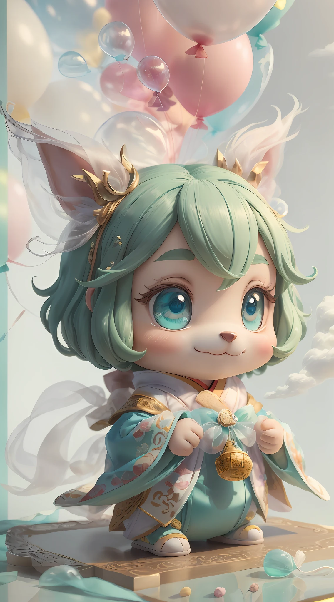 Maltese, big ears, happy smile, (wearing Hanfu), long hair, furry, big eyes, soft ((best quality)), ((masterpiece)), (hair accessory)( extreme detail, supreme detail, official art, beauty and aesthetics:1.2), depth of field, composition ( (whole body) ), (chibi), (beautiful and detailed eyes: 1.3), (very happy: 1) (light mint green and gradient white), popmart blind box, clay texture, (transparent balloon, cloud decorative background), Natural light, best quality, super detail, 3D art, C4D, blender, OC renderer, 3D rendering, 8K --auto --s2