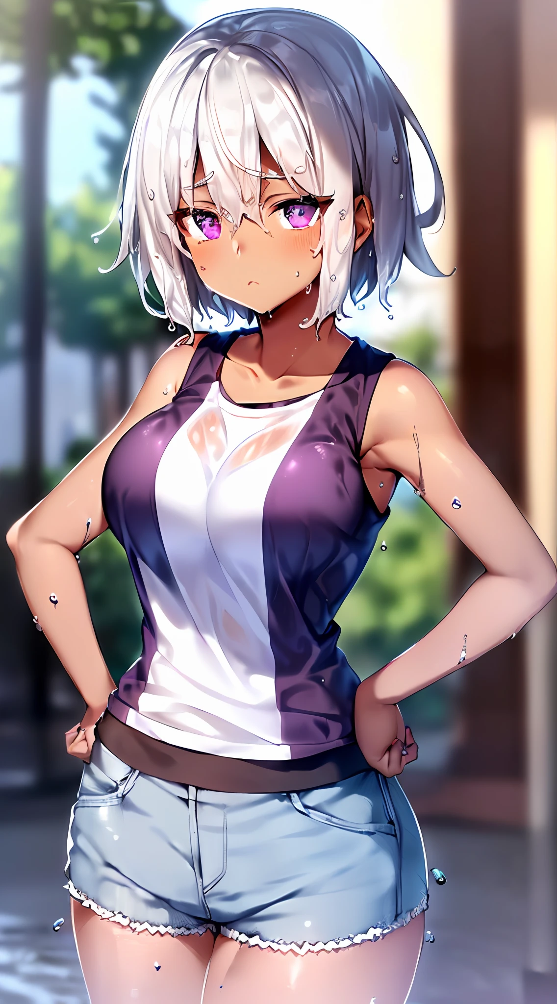 (Dark skin:1.5), (Beautiful highschool girl:1.2), (Fine skin:1.3), (glowy skin:1.3), (The Finest Body:1.3), (short haired:1.3), (silver-hair:1.3), (Beautiful hair:1.2), (eye liner:1.3), (Droopy Eyes:1.2), (big eye:1.2), (Purple eyes:1.3), (emotionless:1.2), (Beautiful collarbone:1.2), (large well-shaped breasts:1.2), (white tunktop:1.3), (Sleeveless:1.2), (Denim shorts:1.1), (Bustling street:1.2), (out door:1.2), (Put your hands on your hips:1.3), (perspiration:1.2), (Get wet with sweat:1.5), (Super close), (Upper Bust:1.3), (Delicate arms:1.2), (Delicate hands:1.2), (Supple and beautiful hands:1.2), (masterwork:1.2), (Highresolution:1.2), (best qualiy:1.2), (Detailed backgrounds:1.2), (textile shading:1.2), (anextremelydelicateandbeautiful:1.1), (reality:1.2), (in 8K:1.2),