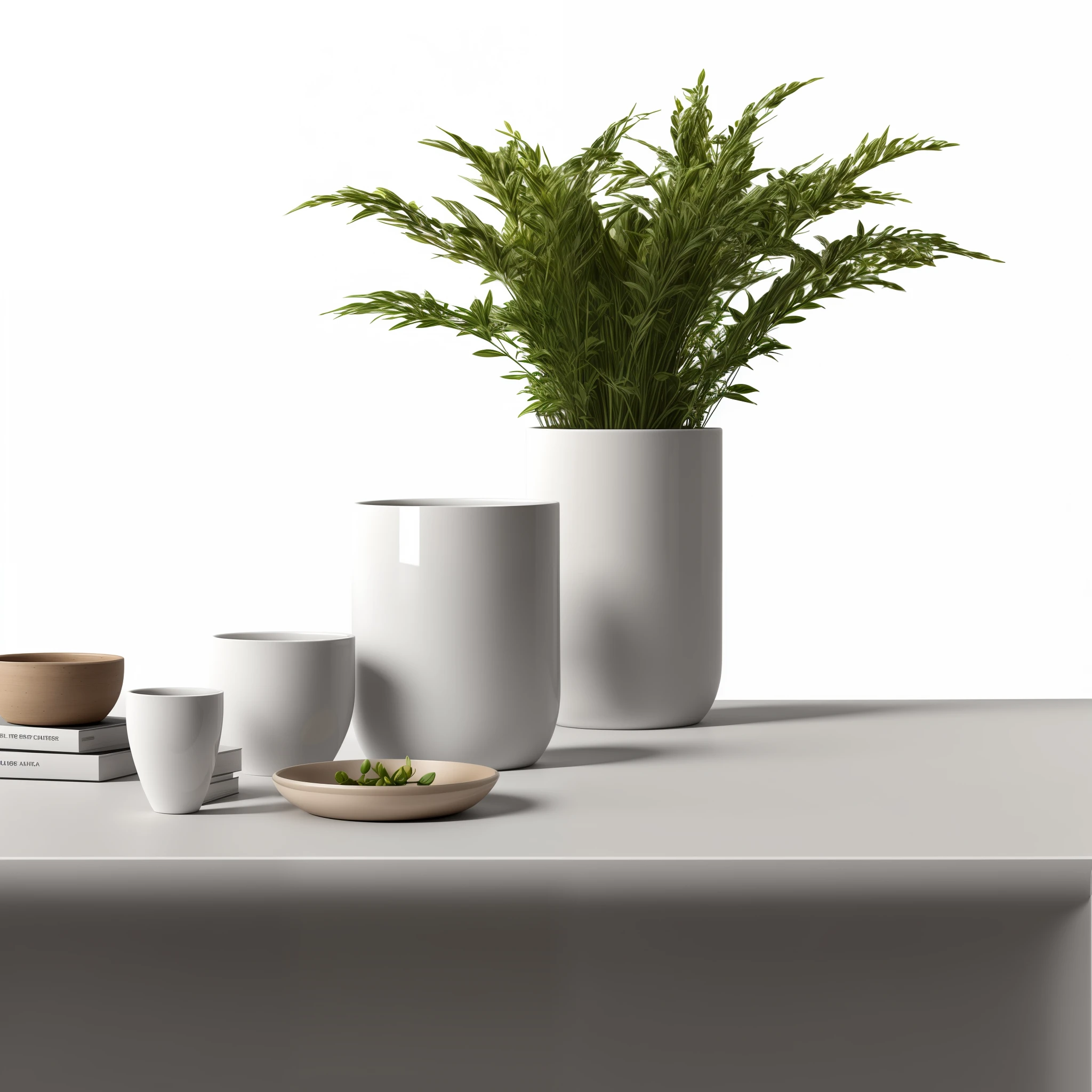 There are two vases on the table,There is a plant inside, product photograph, on a white table, photographic render, rendered in povray, still life with white vase, high res render, detailed render, detail render, detailed archviz render, highly photographic render, semi - realistic render, rectangle white porcelain table, high quality rendering, Detailed rendering,Clean background,White wall background