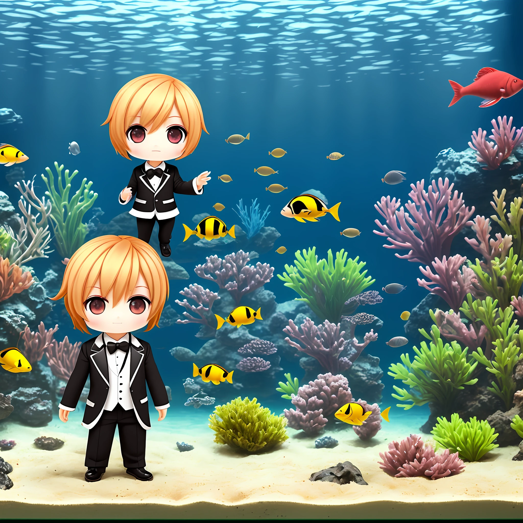 masterwork Chibi 3D Wearing a costume that looks like a penguin's fluffy fur cute and beautiful chibi,Chibi 3D Inside a huge aquarium tank --auto