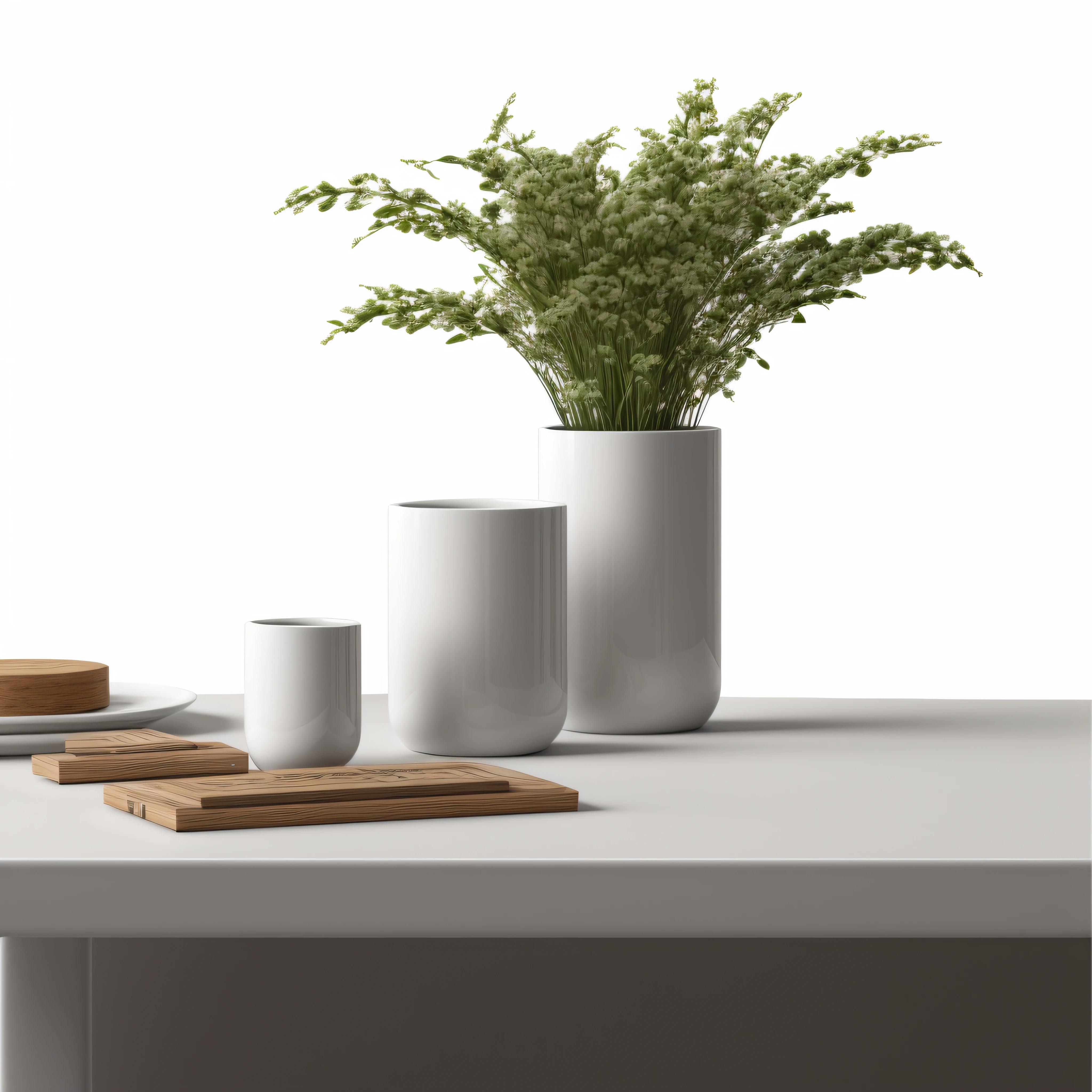 There are two vases on the table，There is a plant inside, product photograph, on a white table, photographic render, rendered in povray, still life with white vase, high res render, detailed render, detail render, detailed archviz render, highly photographic render, semi - realistic render, rectangle white porcelain table, high quality rendering, Detailed rendering，Clean background，White wall background