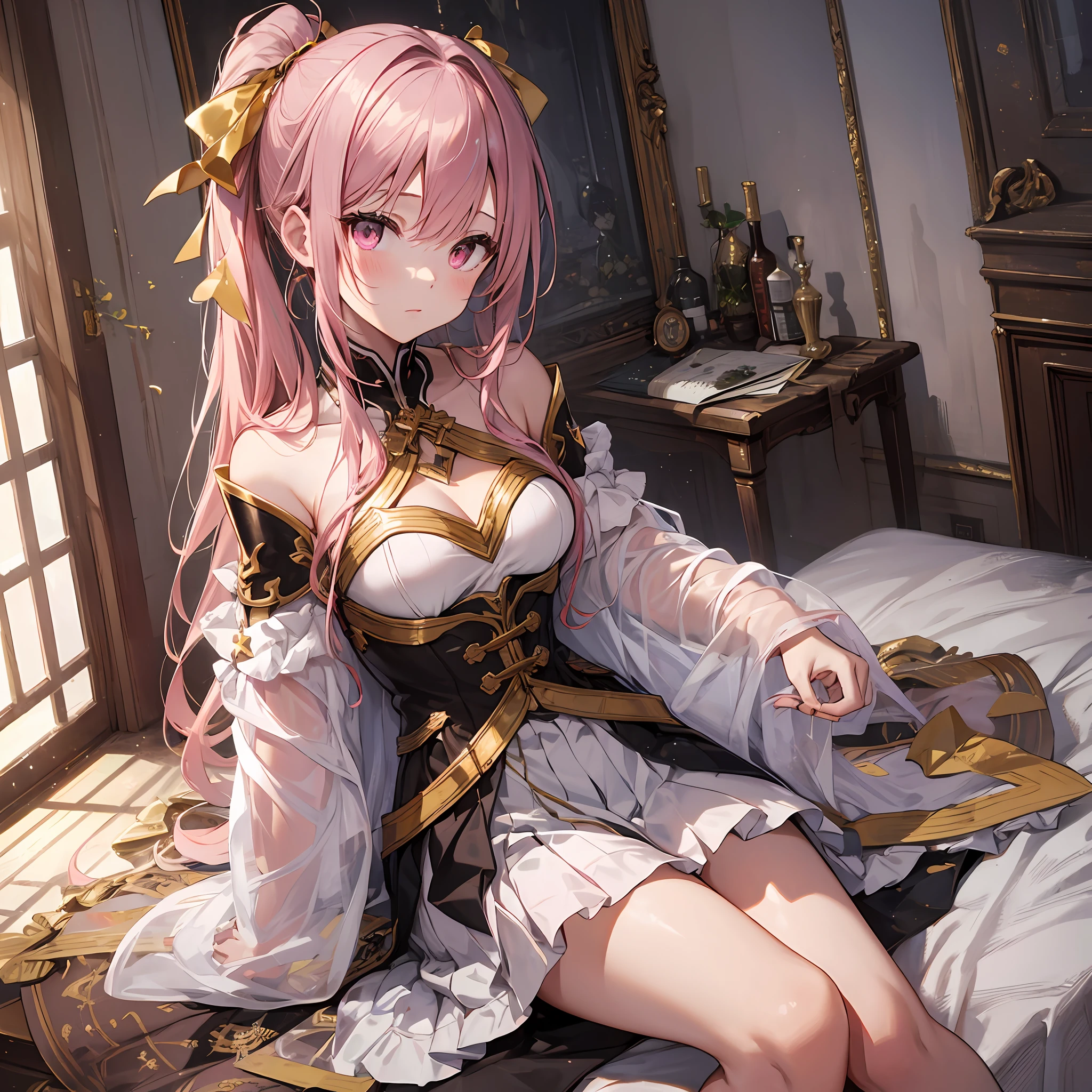 A masterpiece of literary text、best qulity、Asuna\(stars\)、1girls、armature、bare shoulder、blushed、breastplate、Pink eyes、Pink hair、Luxurious dresses、Short skirt、Lambent Light、slong hair、Watch your audience、Golden Ribbon、ribbons、scabbard、White dress ponytails Hairy hair Castle room Room with atmosphere small tits