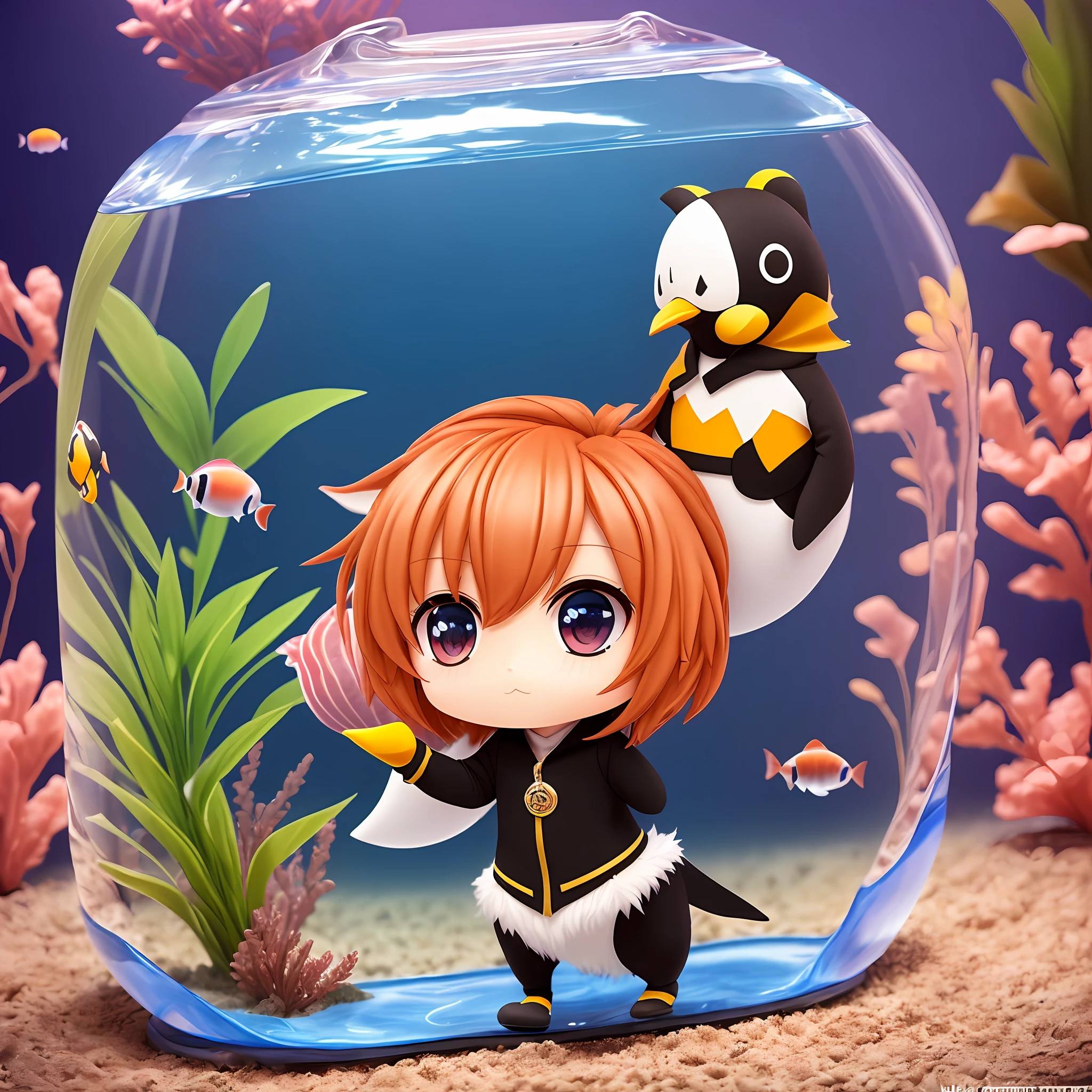masterwork Chibi 3D Wearing a costume that looks like a penguin's fluffy fur cute and beautiful chibi,Chibi 3D Inside a huge aquarium tank --auto