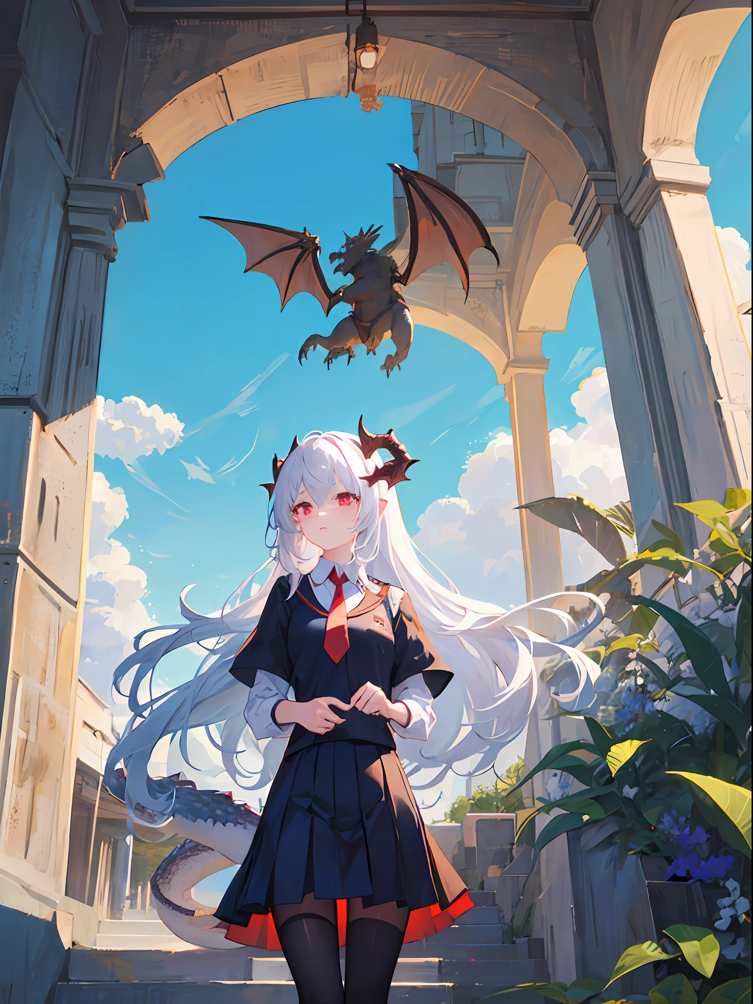 1girls、Dragon、Red eyes、Sharp eye light、Student uniform, White shirt, red necktie、Sorrisos、White hair、Dragon Wings、Dragon's horn、Dragon's tail, The sky, Blue sky, are flying