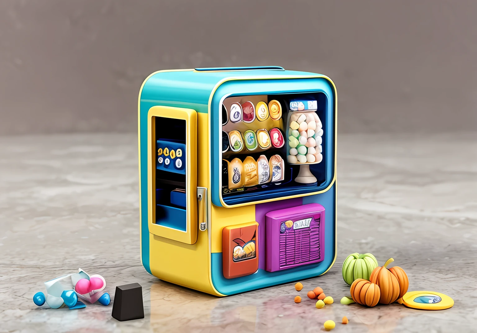 Close-up of gacha blind box with display,The fuselage has elements of gacha,vending machines,sci-fi vending machine,3D product rendering,There can be some specific description scenes on the machine,NP, some people go to the gacha machine to buy some gacha blind boxes,Or some mix of elements that describe the gacha scene class, product render,Stylistic reference cute,Iconic elements of fashion,There are reasonable ones on the fuselage, such as gacha,Blind box,And so on and so forth,The overall color is mainly black and yellow,Color distribution is 50 each%,The gacha blind box class has a little more elements,A little diversified