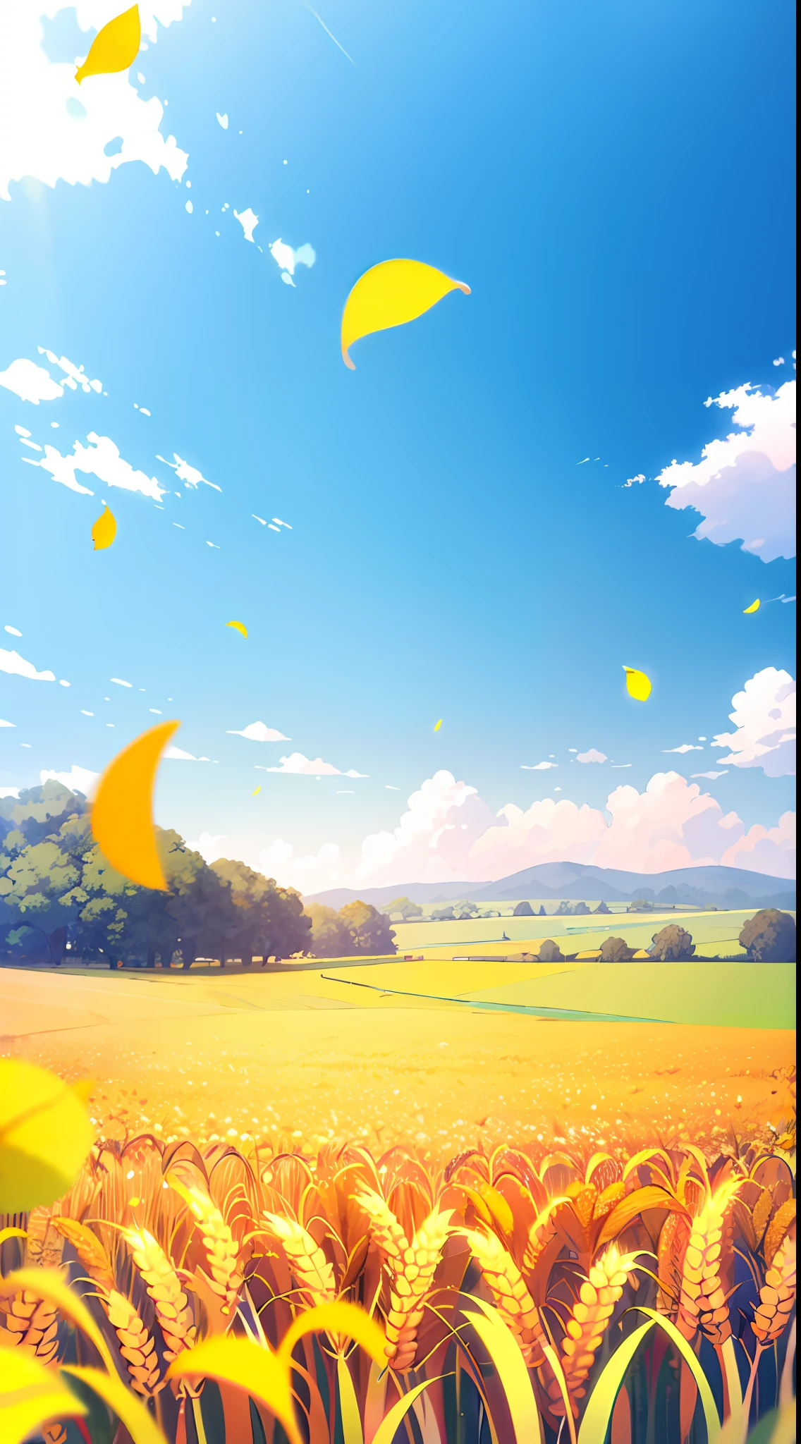 a beautiful artwork illustration, anime countryside landscape, immense wheat fields, bright sunny summer day, farm field background,The leaves of the grass range from lush green to yellow,And start falling leaves