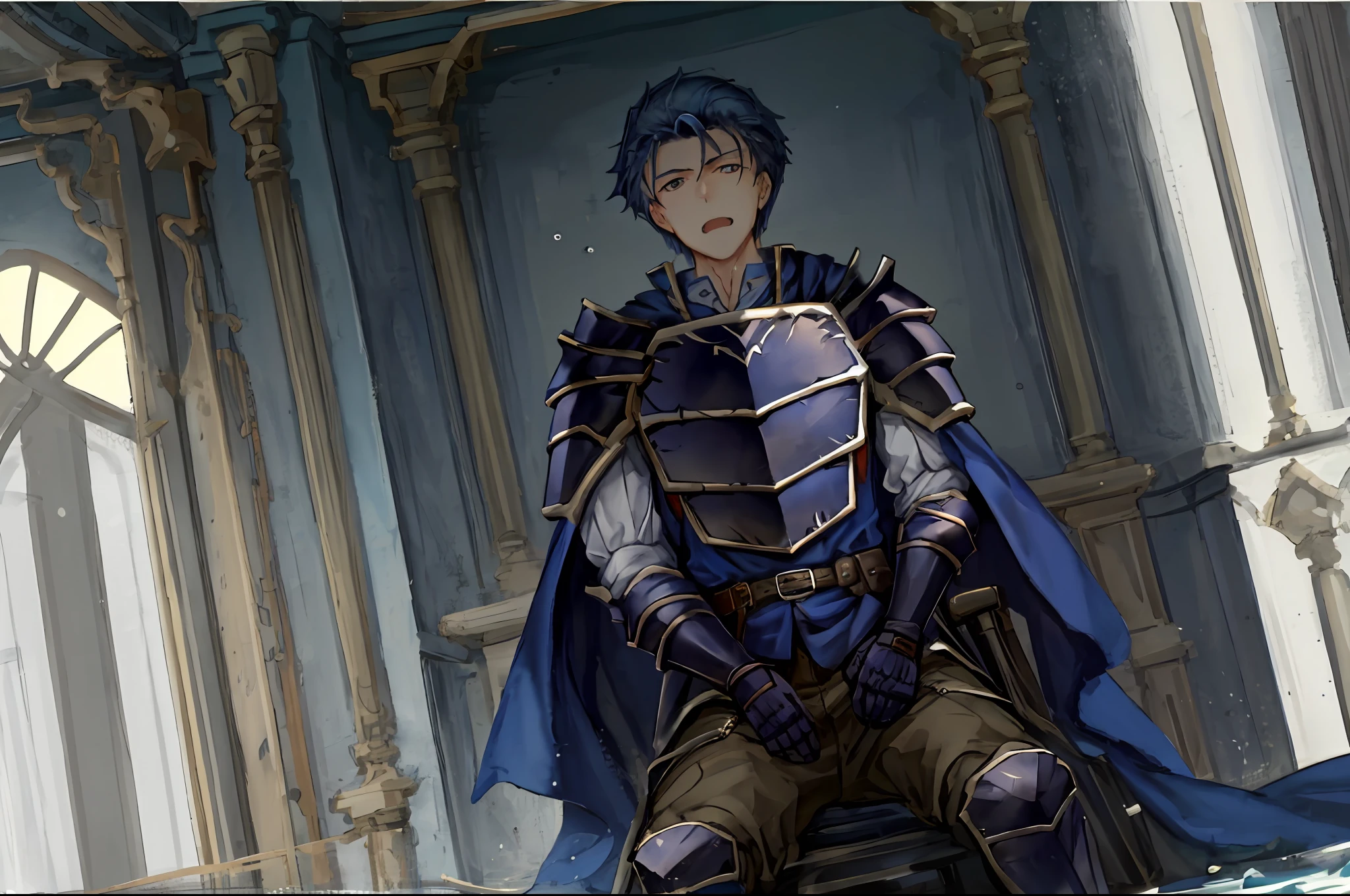 Hector Fey， 独奏， looks at the viewer， Serious， Opening Mouth，perspire，Drenched，Get wet，droolng， mitts， 1boys， Blue hair，Male focus，Sit（Sit straddled），Cloak，Armour，From below，