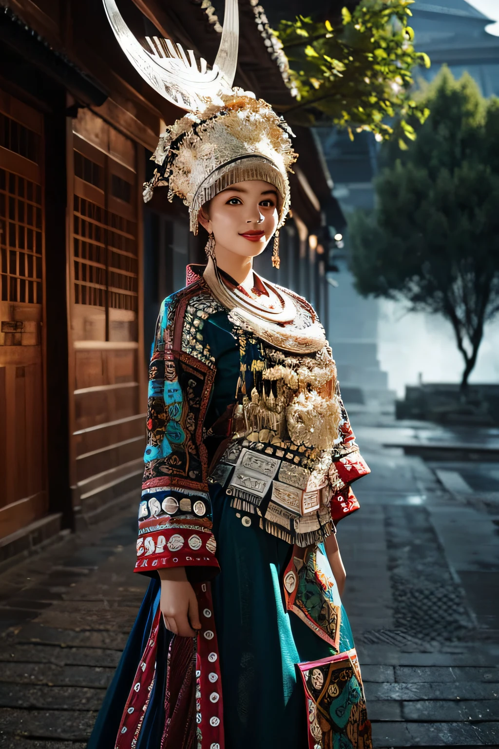 best quality, ultra high res, official wallpaper, (photorealistic:1.4), (1girls), (18 year old girl), slender, highly detail face, beautiful eyes, (smile:0.6), looking at viewer,(after rain,outdoors, damp) extremely detailed CG unity 8k wallpaper, light on face, cinematic lighting, Traditional headwear, full body,beautiful detailed girl, see breasts, masterpiece,ultra realistic,32k,extremely detailed CG unity 8k wallpaper, best quality