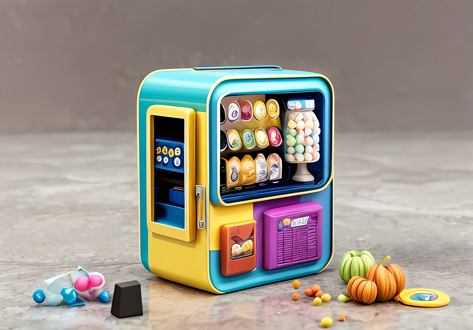 Close-up of gacha blind box with display，The fuselage has elements of gacha，vending machines，sci-fi vending machine，3D product rendering，There can be some specific description scenes on the machine，NP, some people go to the gacha machine to buy some gacha blind boxes，Or some mix of elements that describe the gacha scene class， product render，Stylistic reference cute，Iconic elements of fashion，There are reasonable ones on the fuselage, such as gacha，Blind box，And so on and so forth，The overall color is mainly black and yellow，Color distribution is 50 each%，The gacha blind box class has a little more elements，A little diversified
