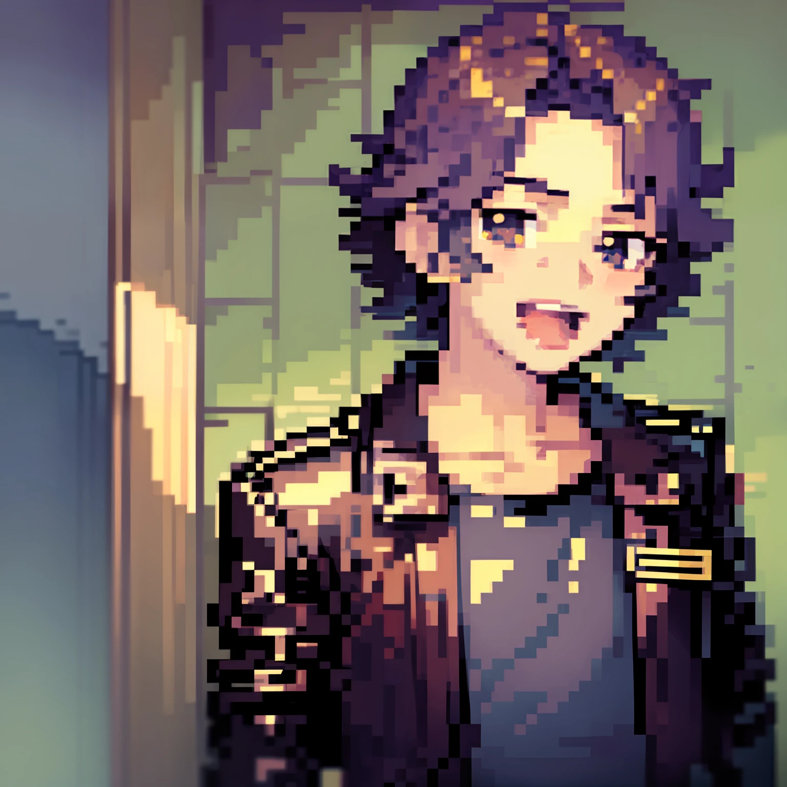 Young boy,Ikemen ,purple hair, blue leather jacket, parted hair, portrait, curly hair at the end, cheerful