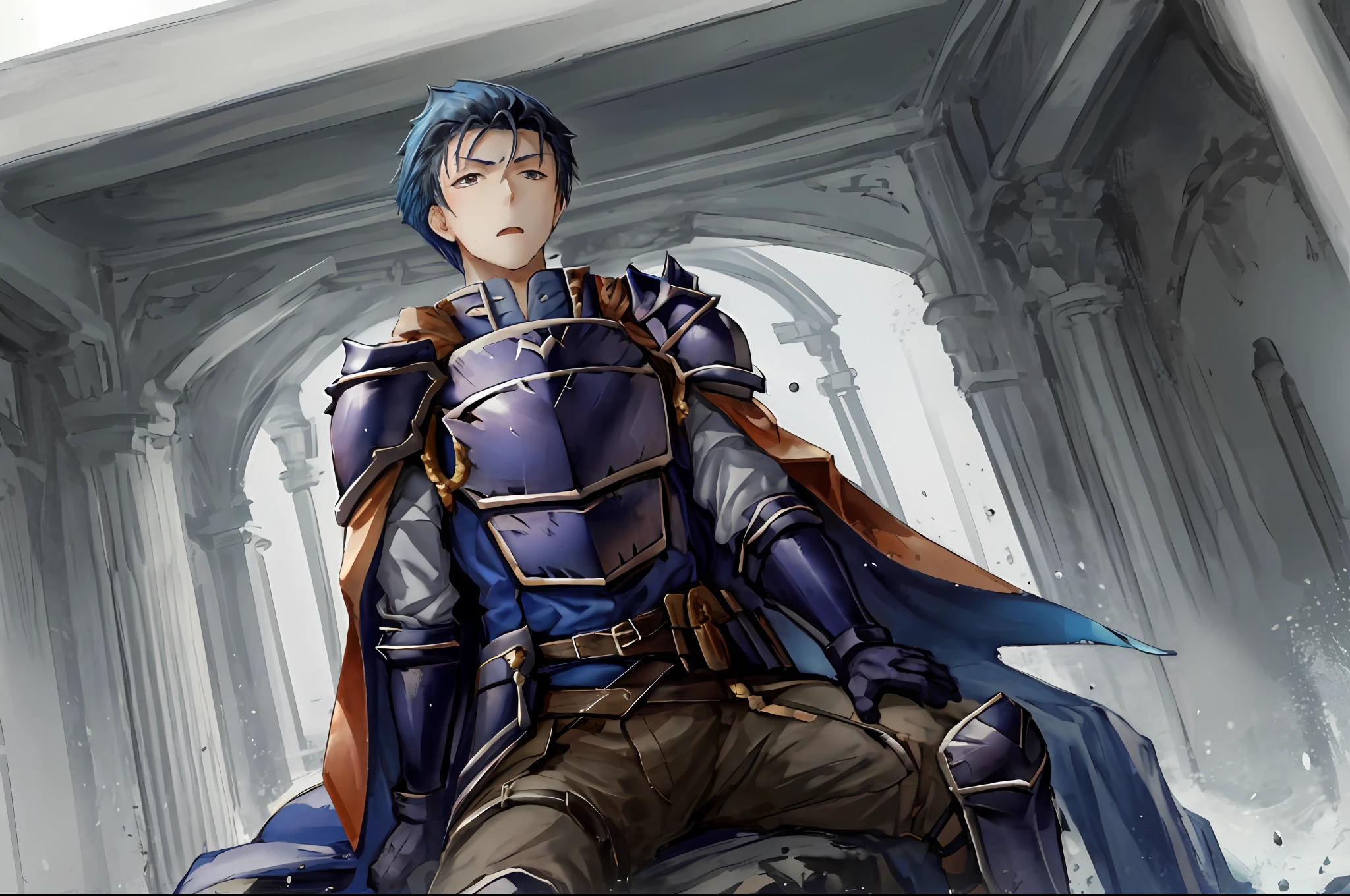 Hector Fey， 独奏， looks at the viewer， Serious， Opening Mouth，perspire，Drenched，Get wet，droolng， mitts， 1boys， Blue hair，Male focus，Sit（Sit straddled），Cloak，Armour，From below，