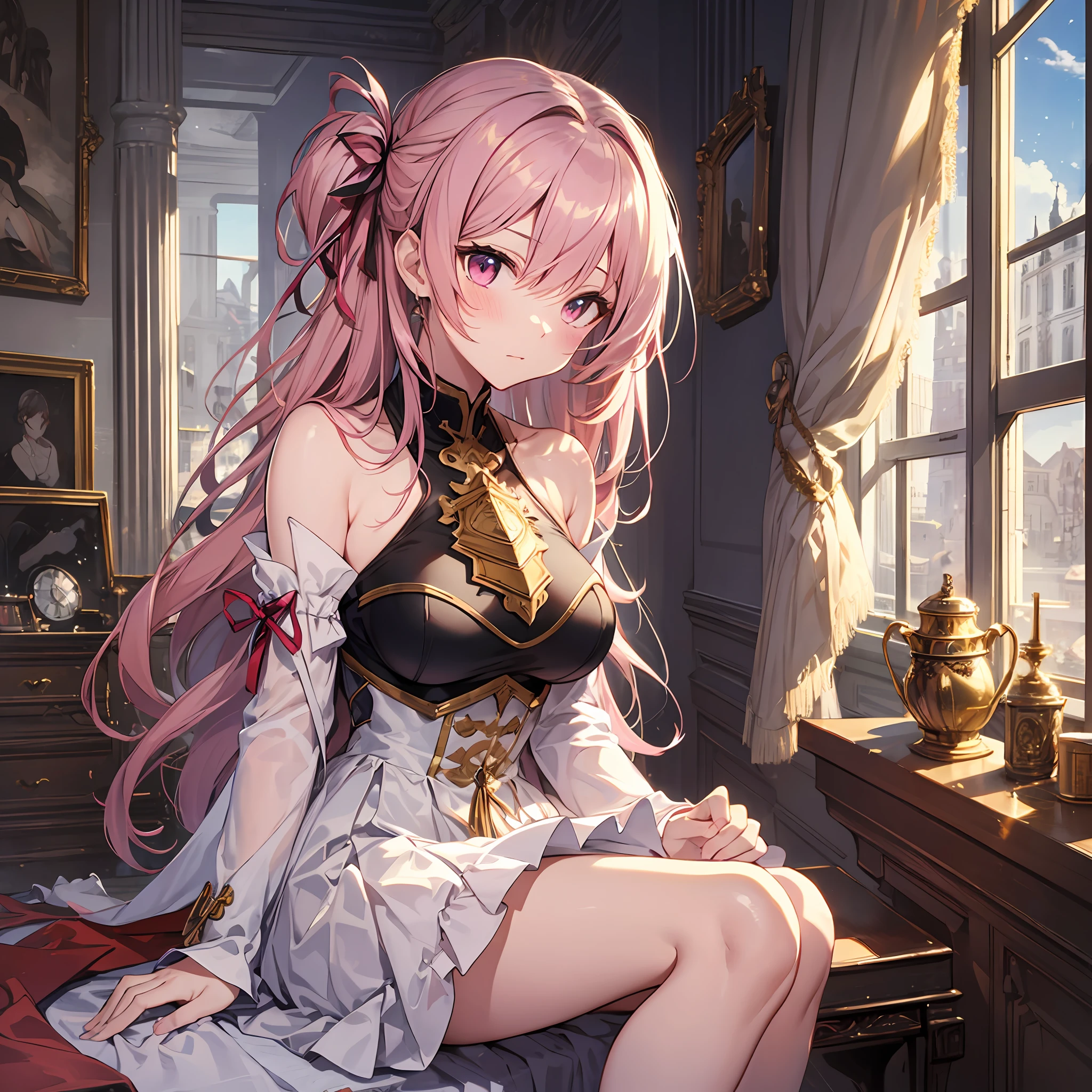 A masterpiece of literary text、best qulity、Asuna\(stars\)、1girls、armature、bare shoulder、blushed、breastplate、Pink eyes、Pink hair、Luxurious dresses、Short skirt、Lambent Light、slong hair、Watch your audience、Golden Ribbon、ribbons、scabbard、White dress　ponytails　Hairy hair　Castle room　Room with atmosphere　small tits