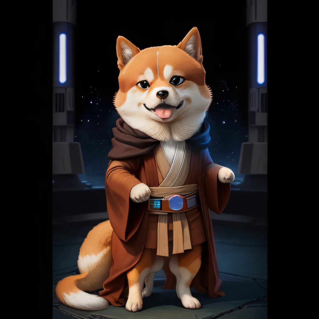 Star wars、Shiba Inu in Jedi clothes、Jedi Master Shiba Inu、Charming、Looks fun、Looks happy、Niō Standing、Strong body、Photos of only one animal、a Pretty、Anime Style --auto