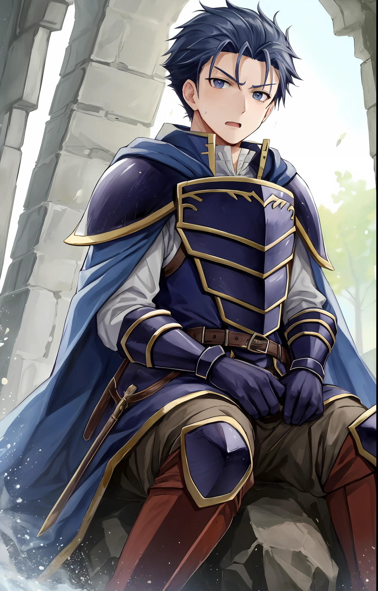 Hector Fey, 独奏, looks at the viewer, Serious, Opening Mouth,perspire,Drenched,Get wet,droolng, mitts, 1boys, Blue hair,Male focus,Sit(Sit straddled),Cloak,Armour,From below,