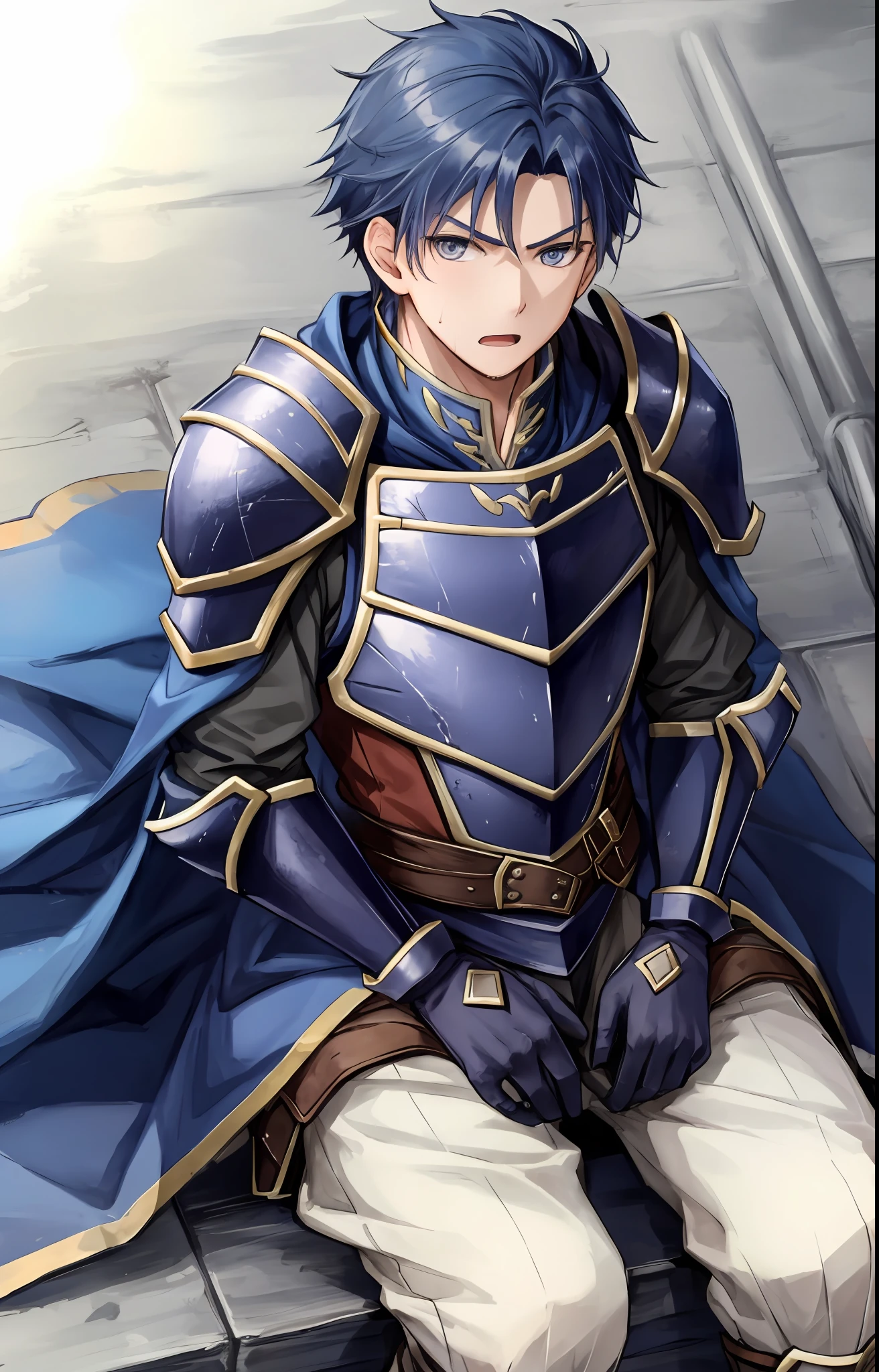Hector Fey, 独奏, looks at the viewer, Serious, Opening Mouth,perspire,Drenched,Get wet,droolng, mitts, 1boys, Blue hair,Male focus,Sit(Sit straddled),Cloak,Armour,From below,
