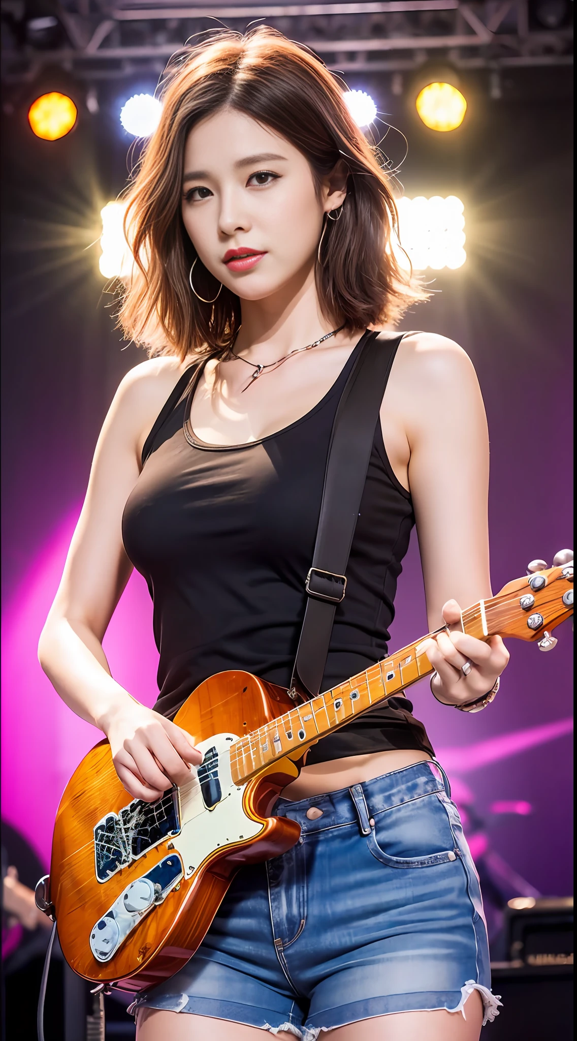 ((Medium breasted、Tomboy、the head is small))、(Chiseled abs : 1.1)、(the perfect body : 1.1)、((Holding a guitar（Telecaster）:1.2))、(short wavy hair : 1.2)、auburn hair、collars、chains、A full body shot、Black tank top、Jeans wearing jacket、((Short shorts))、(Highly detailed CG 8k wallpaper)、(anextremelydelicateandbeautiful)、(masterwork)、(best qualiy:1.0)、(ultra-highresolution:1.0)、beautiful  lighting、Perfect Lightning、realistic shadow、[Highresolution]、Detailed skin、Ultra-detail、live house、band、stage、drum、bass、