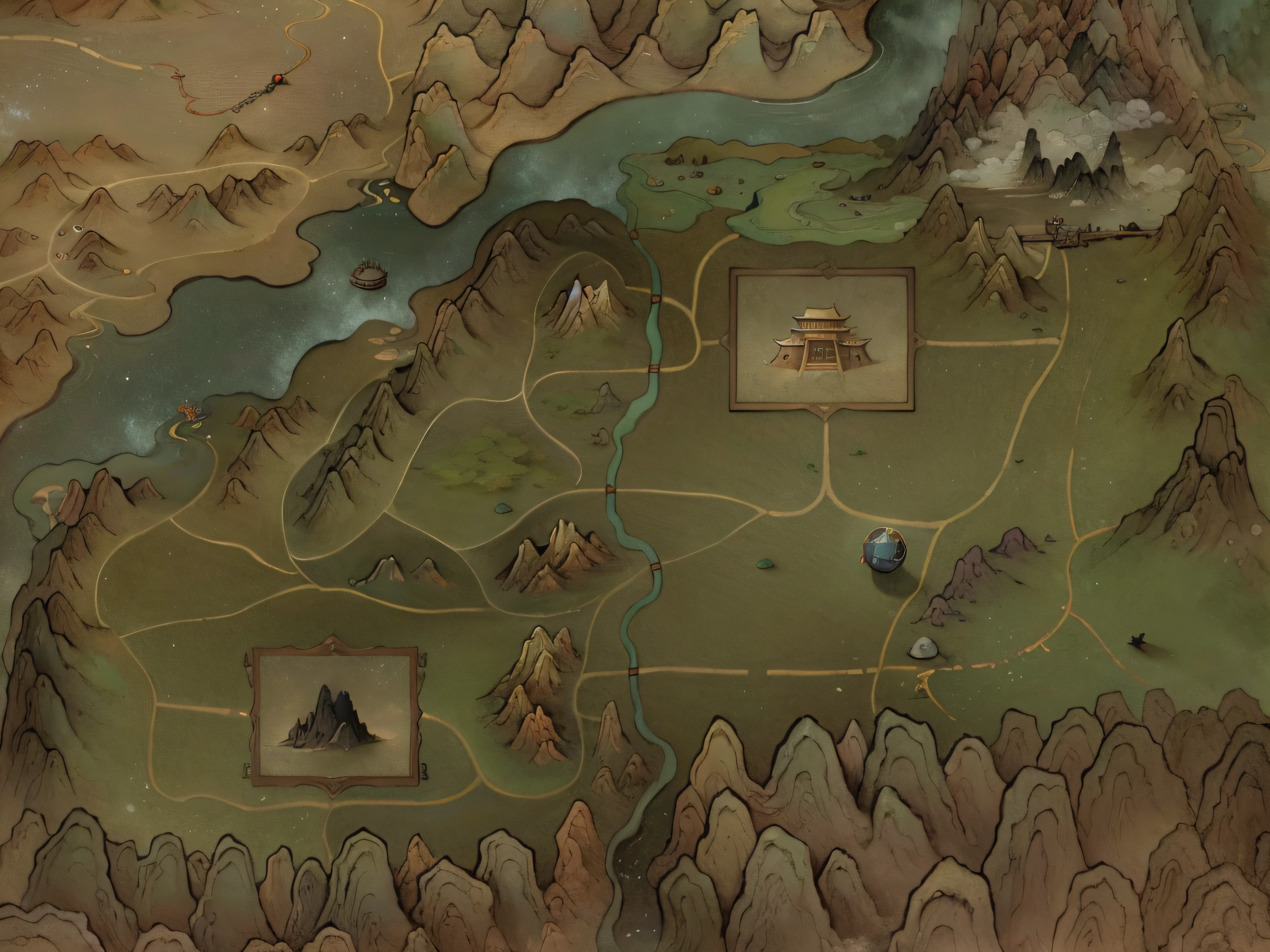 (map), a map of rpg game, detailed, mountains, rivers, auspicious clouds, masterpieces, holding, super detail, epic composition, ultra HD, high quality, extremely detailed, official art, unified 8k wallpaper, Super detail, 32k -- v 6, no sunshine