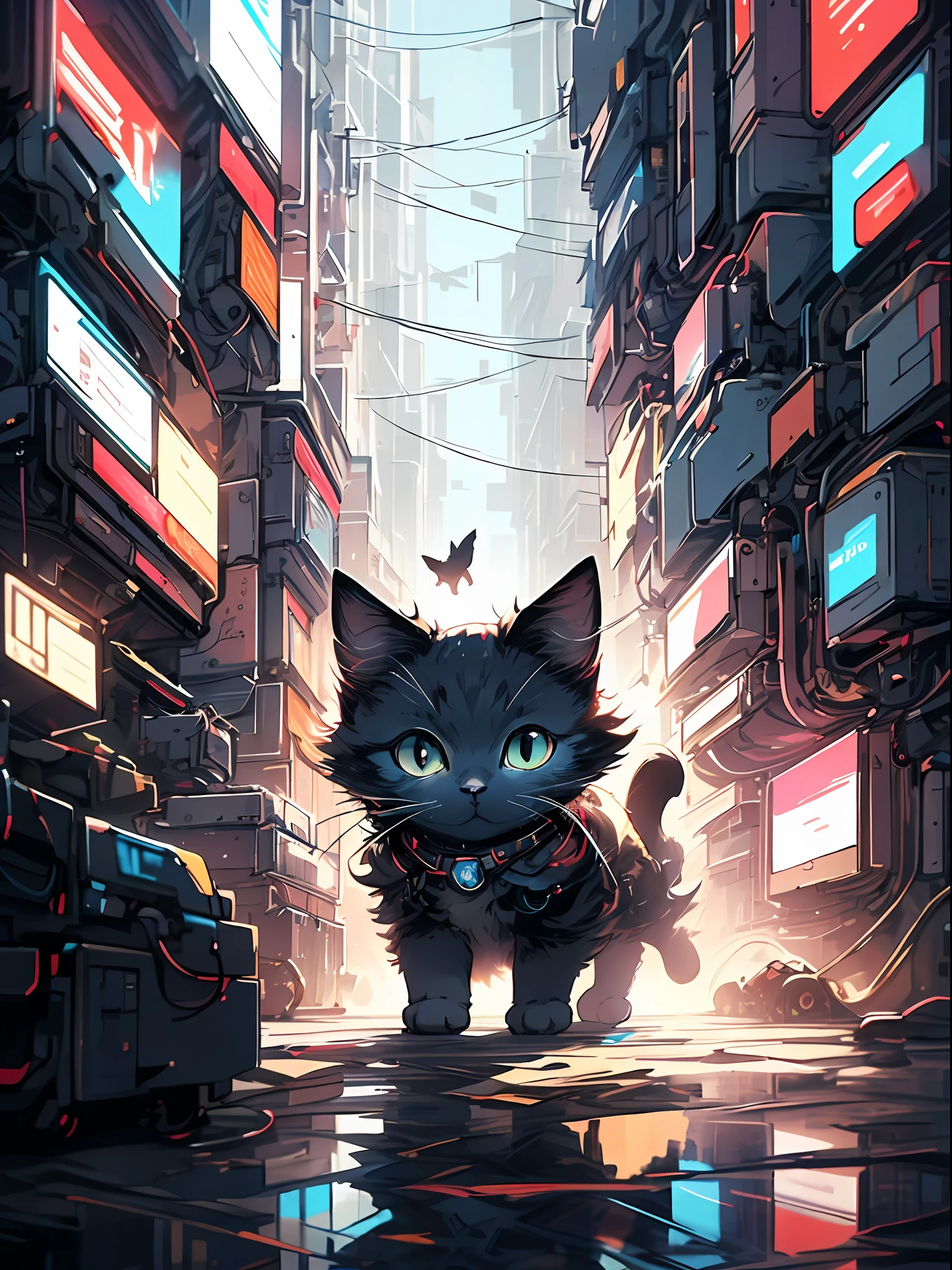 MG mao，Sophisticated visuals，high-definition，master-piece，Splash00d， Blue chibi cat， （Very long fur：1.3）， （Cutes：1.6），The cyberpunk，Science fiction，Cinematic Lights，