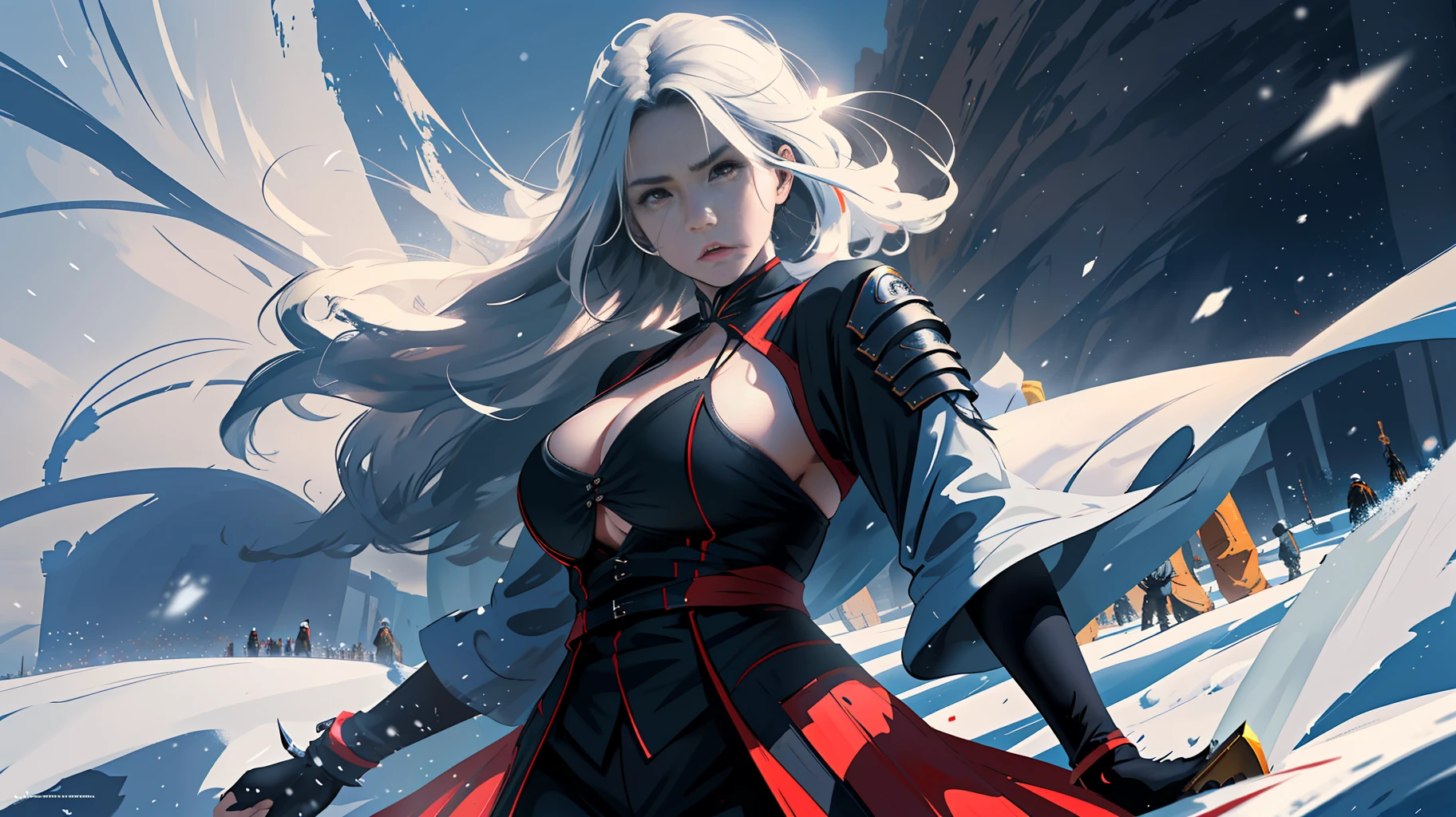 (CG Unity 8K wallpaper in extreme detail，master-piece，Highest image quality)，(Delicate light and shadow，The picture is highly dramatic，Cinematic lens effect)，Long white hair flutters in the wind，Grim expression，Red eyes，Sharp eyes，big boob，plump，Wearing a red period costume，The hem of the clothes flutters in the wind，Holding a Tang knife in his hand， The background is on a snowy mountain(Exceptional detail，The lighting effect is outstanding，Vista wide angle)，(Excellent rendering，Enough to stand out from the crowd)，